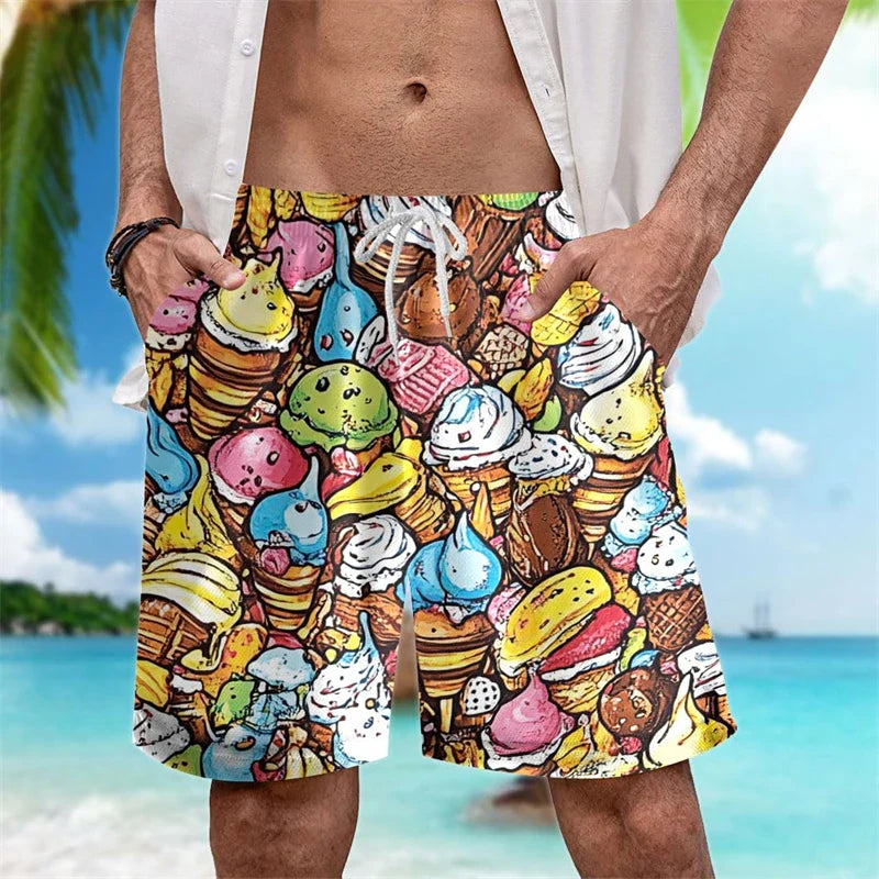 Funny Ice Cream Print Beach Designer Casual Men's Shorts Outdoor Leisure Drawstring Board Shorts Loose Shorts