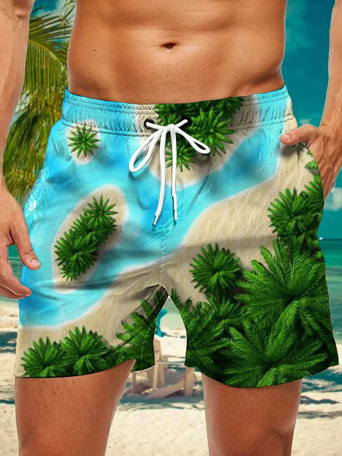 3d coconut tree stripe print men's swimsuit Japanese fish Hawaiian shorts men's summer swim shorts drawstring casual shorts