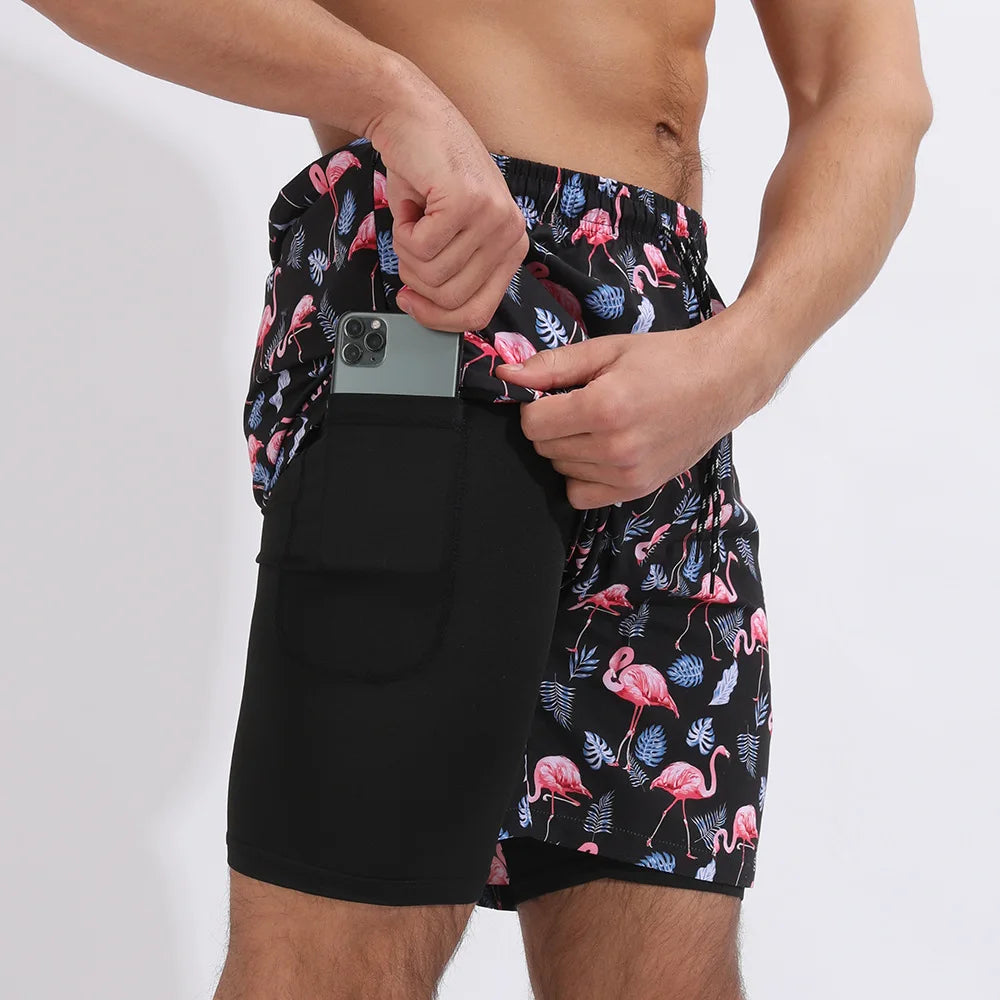 Men Swimwear Summer Gym Beach Shorts Male Quick Dry Sport Swimming Shorts Trunks Sexy Swimsuit 2 In 1 Man Board Shorts Beachwear