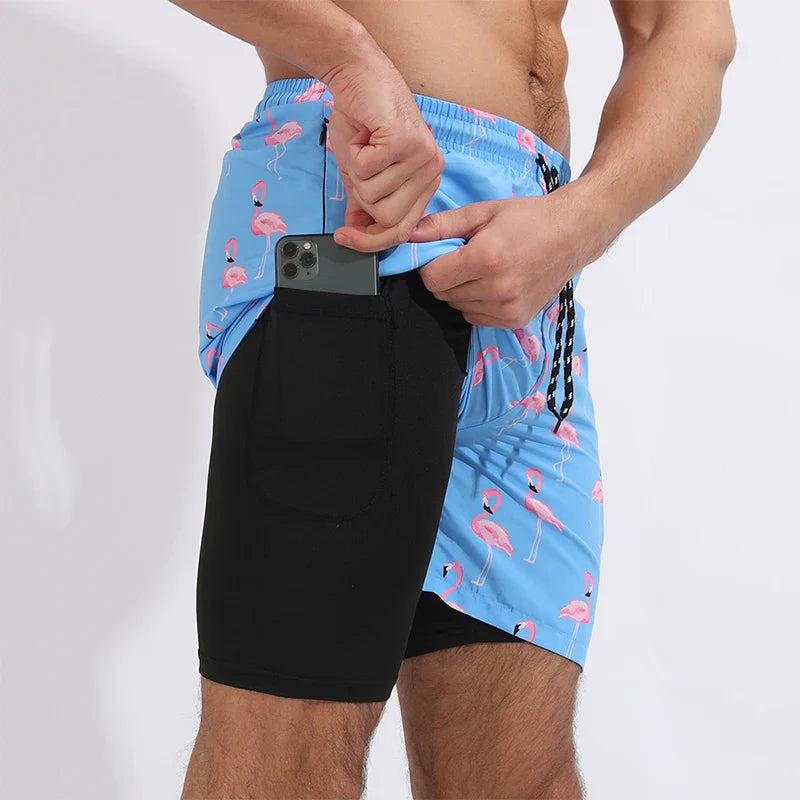 Summer Men's Surfing Swimwear Short Pants Fitness Exercise 2+1 Double Layer Beach Printed Shorts Male Sports Clothing