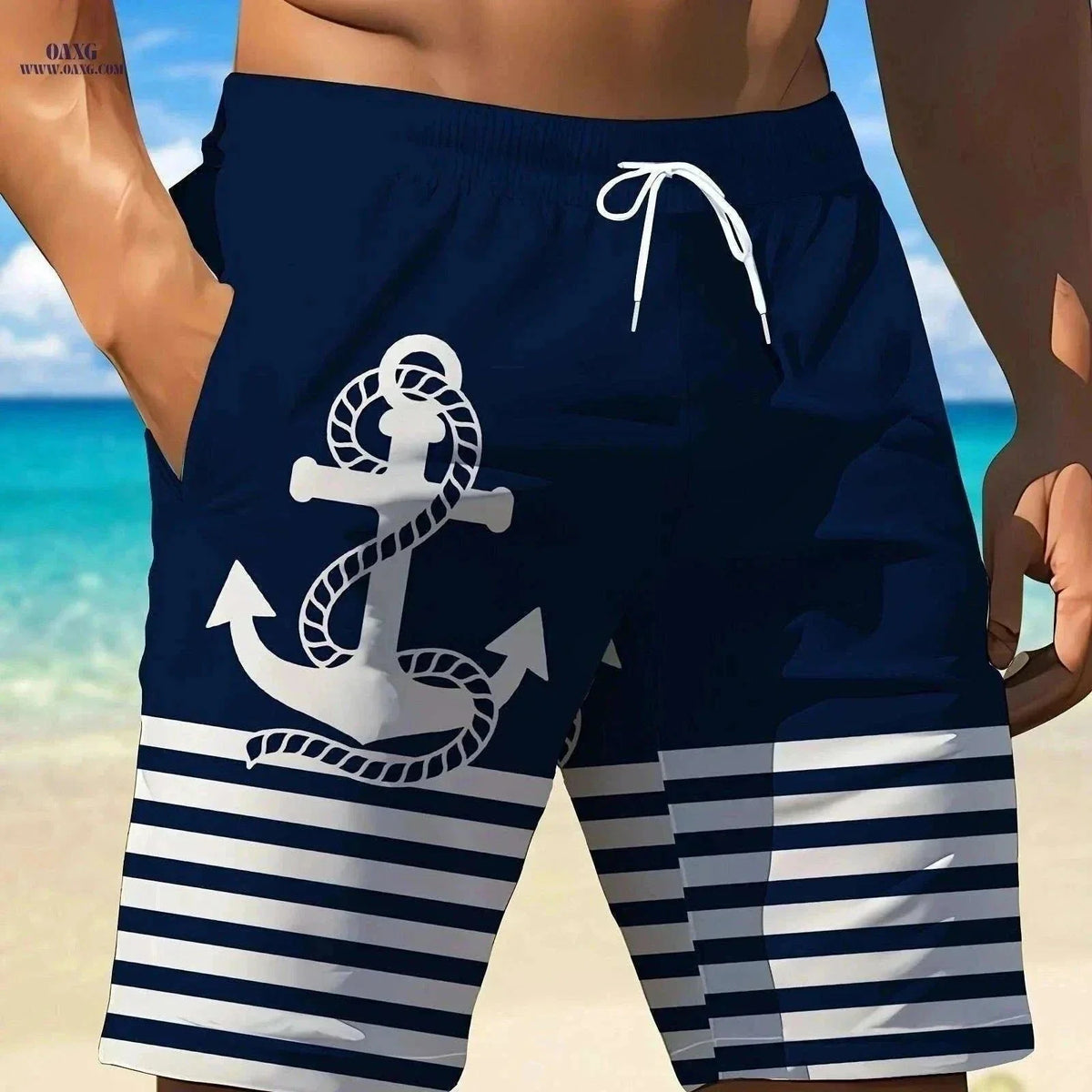 Men's 3D Anchor Print Beach Shorts - Quick-Dry and Casual Fit