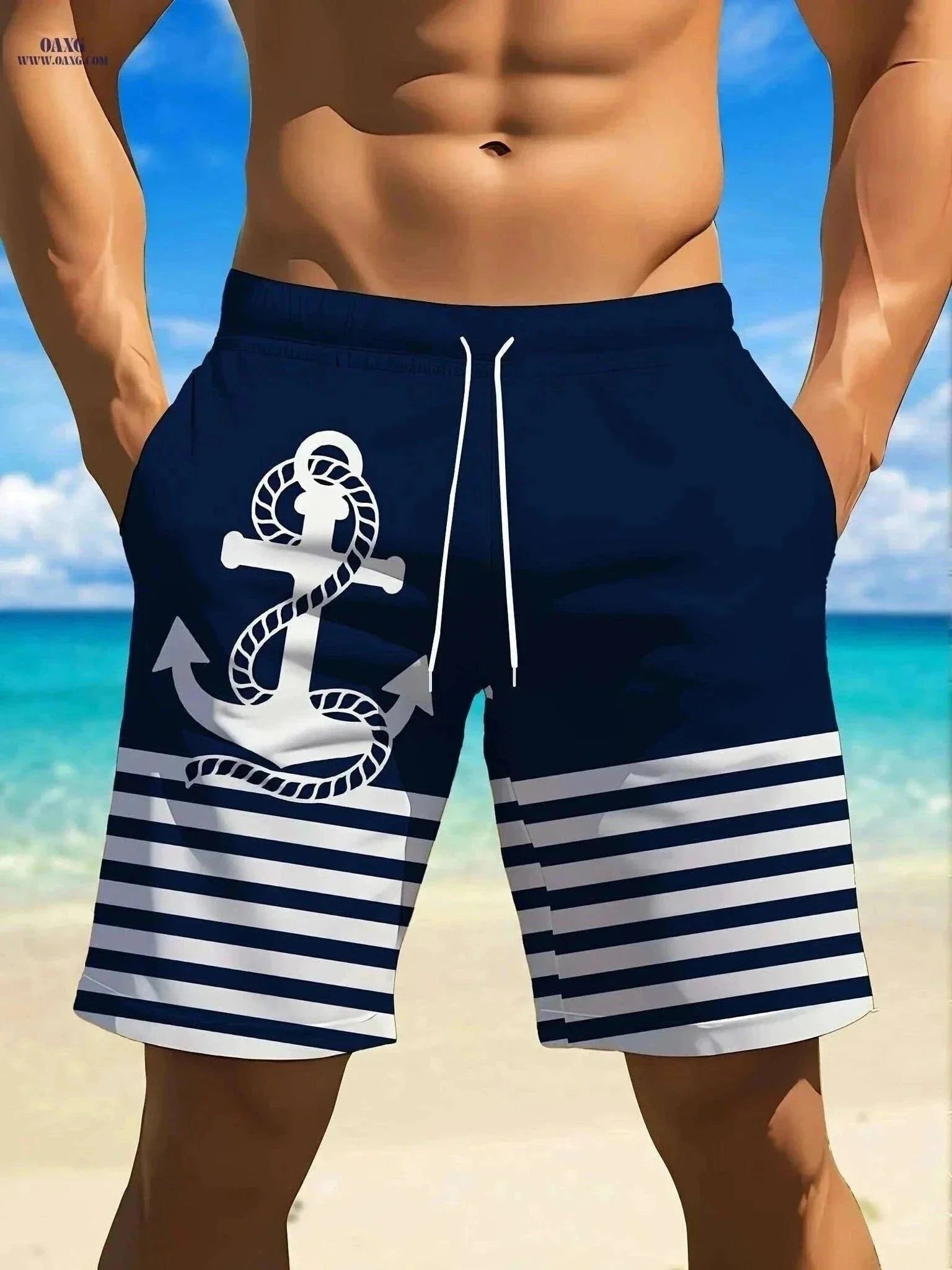 Men's 3D Anchor Print Beach Shorts - Quick-Dry and Casual Fit