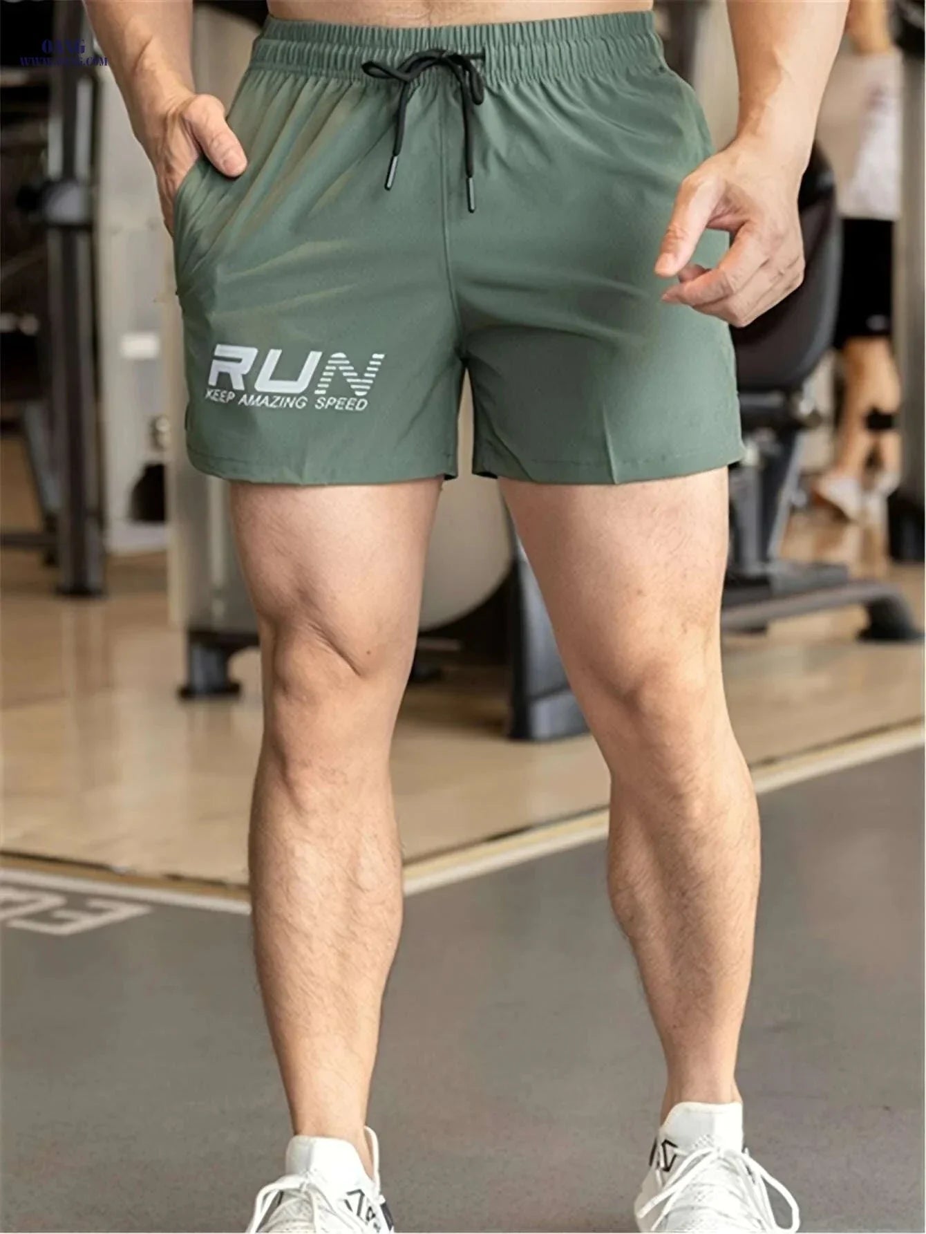 Men's Athletic Shorts "RUN" Print - Casual Drawstring, Green Gym Wear