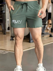 Men's Athletic Shorts "RUN" Print - Casual Drawstring, Green Gym Wear