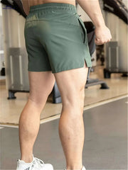 Men's Athletic Shorts "RUN" Print - Casual Drawstring, Green Gym Wear