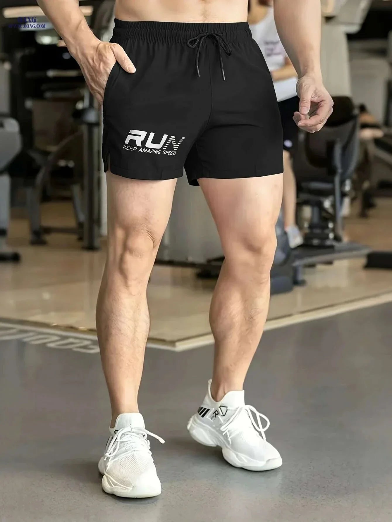 Men's Athletic Shorts "RUN" Print - Casual Drawstring, Green Gym Wear