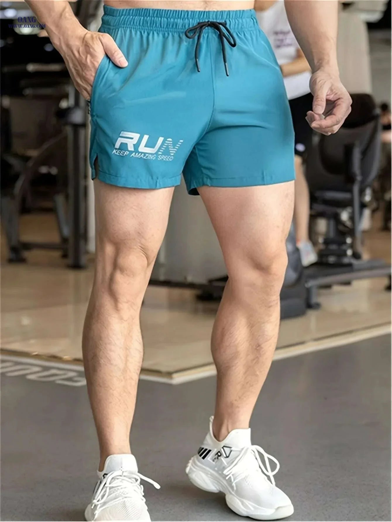 Men's Athletic Shorts "RUN" Print - Casual Drawstring, Green Gym Wear