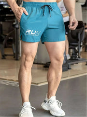 Men's Athletic Shorts "RUN" Print - Casual Drawstring, Green Gym Wear