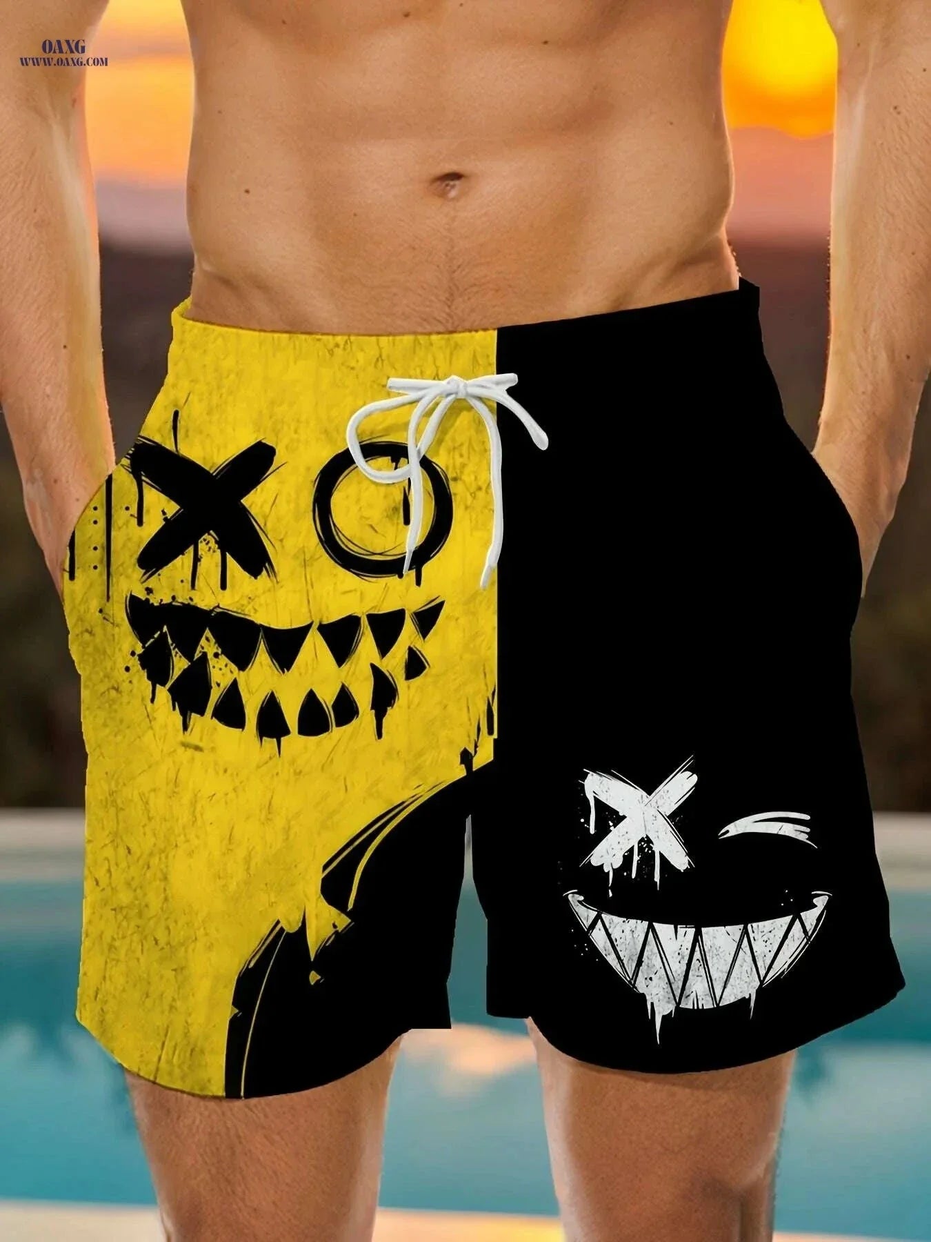 Men's Cartoon Graphic Beach Shorts - Quick-Dry, Adjustable Waist