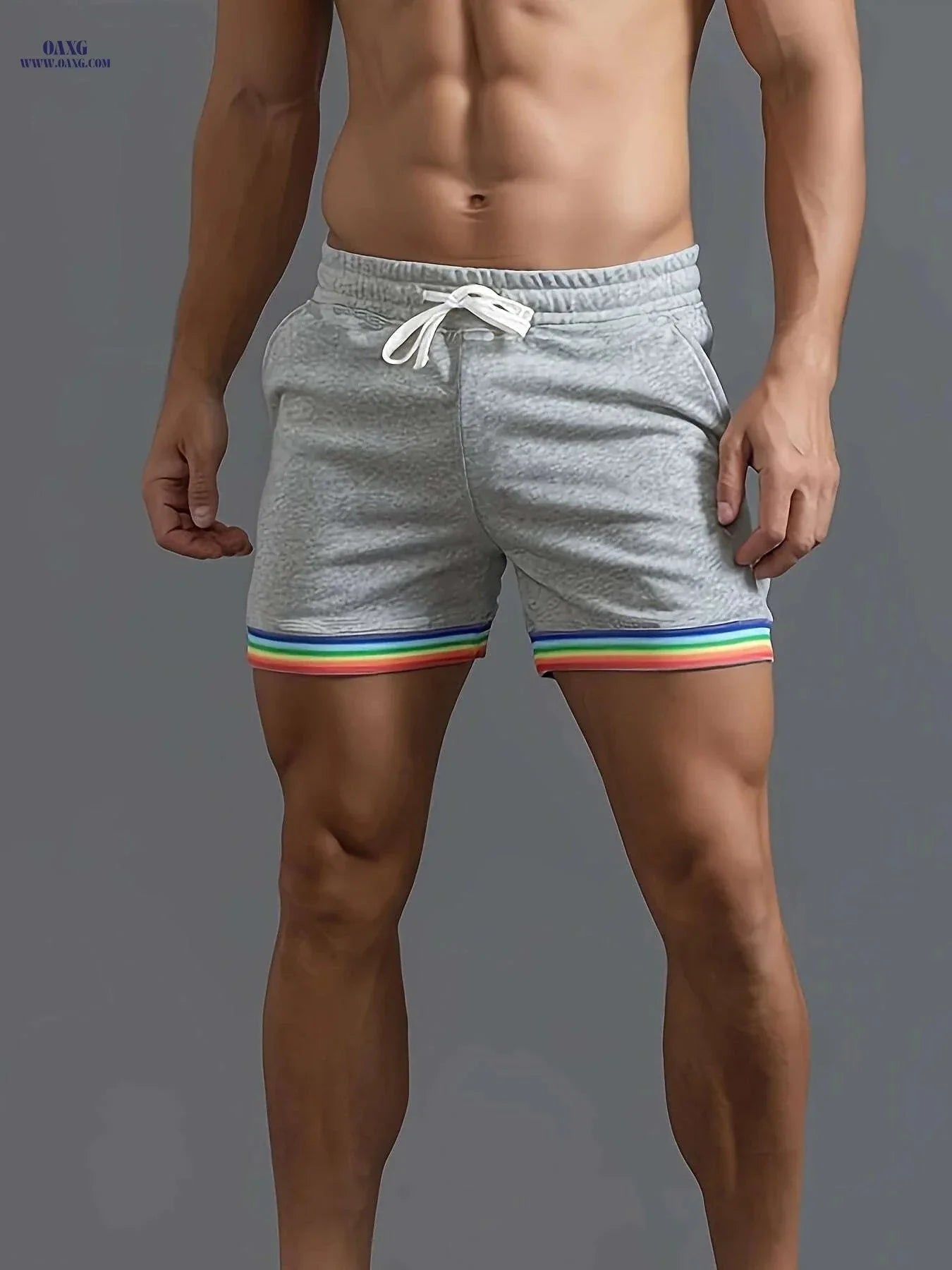 Men's Casual Athletic Shorts - Slim Fit Beige with Rainbow Stripes