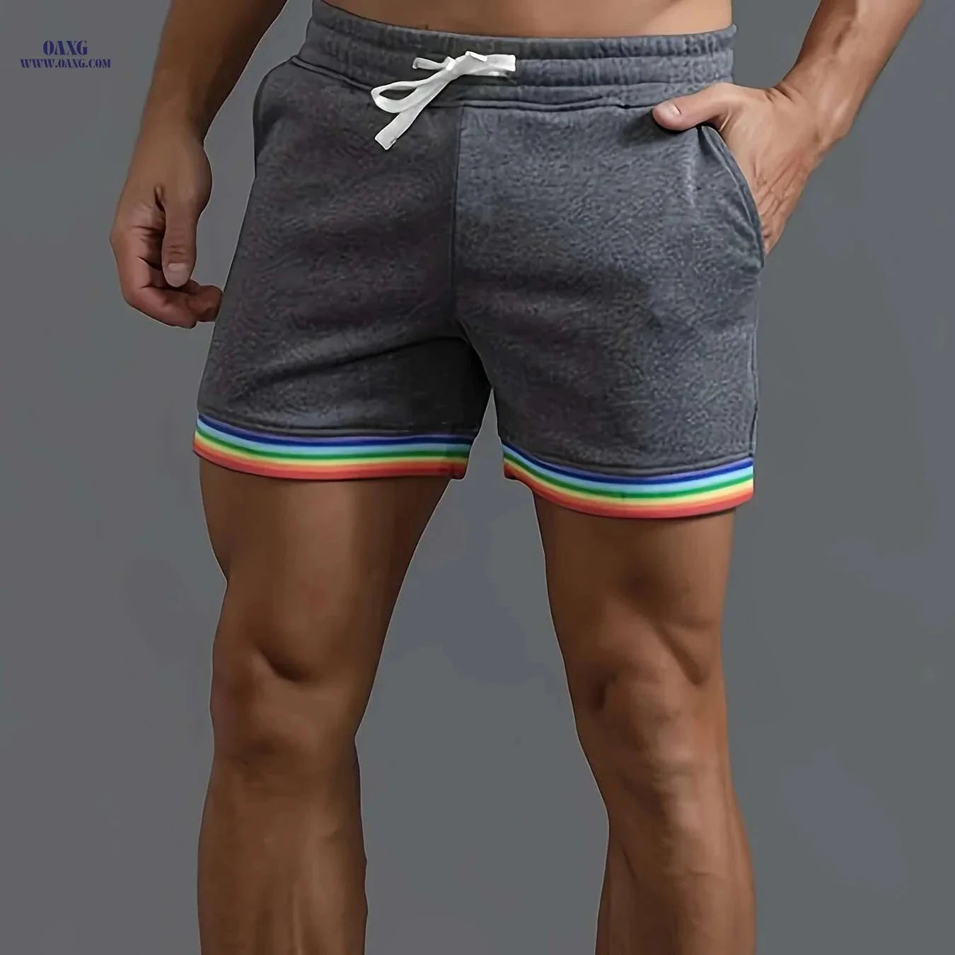 Men's Casual Athletic Shorts - Slim Fit Beige with Rainbow Stripes