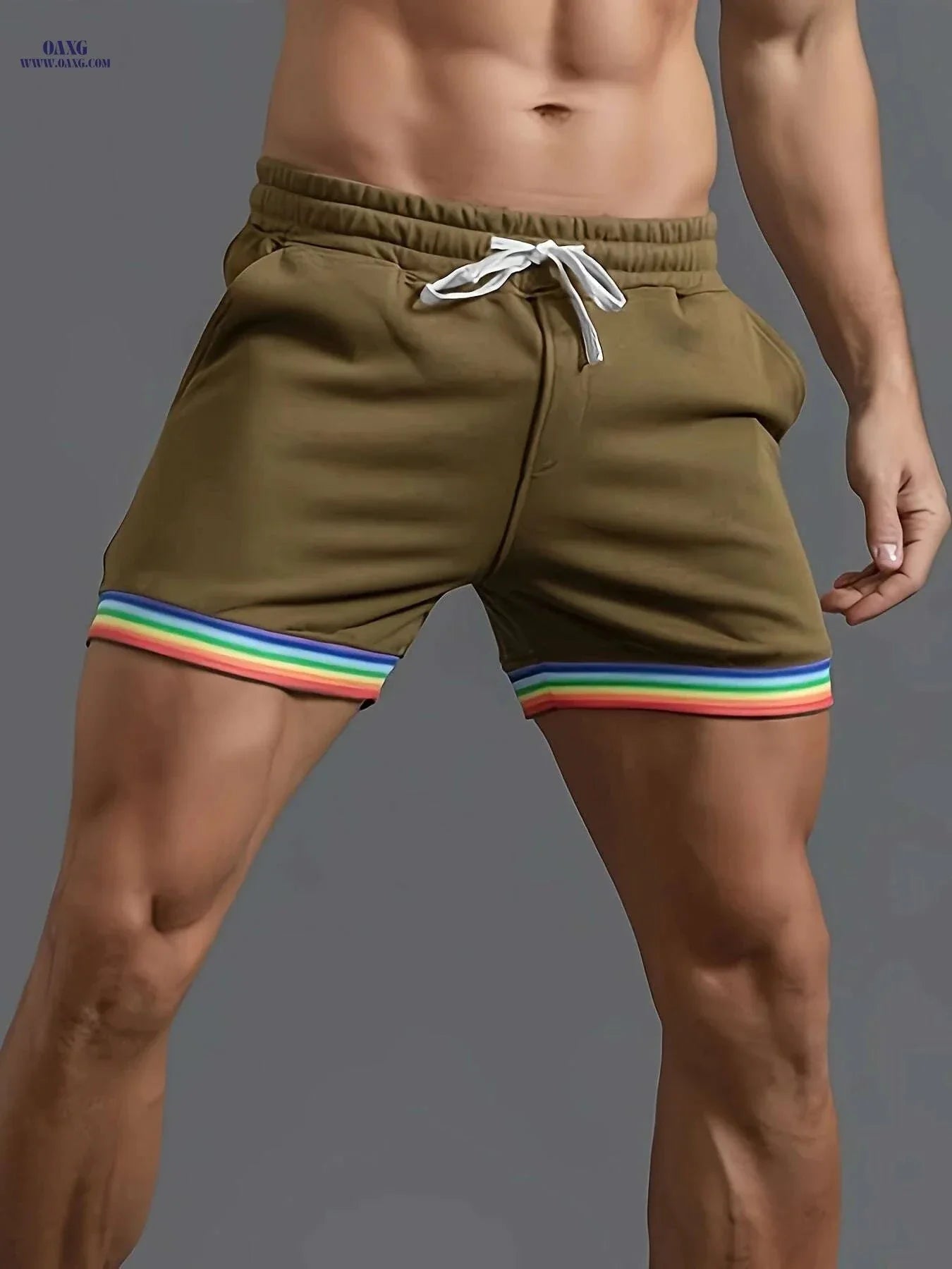 Men's Casual Athletic Shorts - Slim Fit Beige with Rainbow Stripes