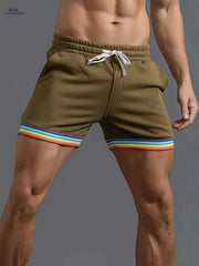 Men's Casual Athletic Shorts - Slim Fit Beige with Rainbow Stripes
