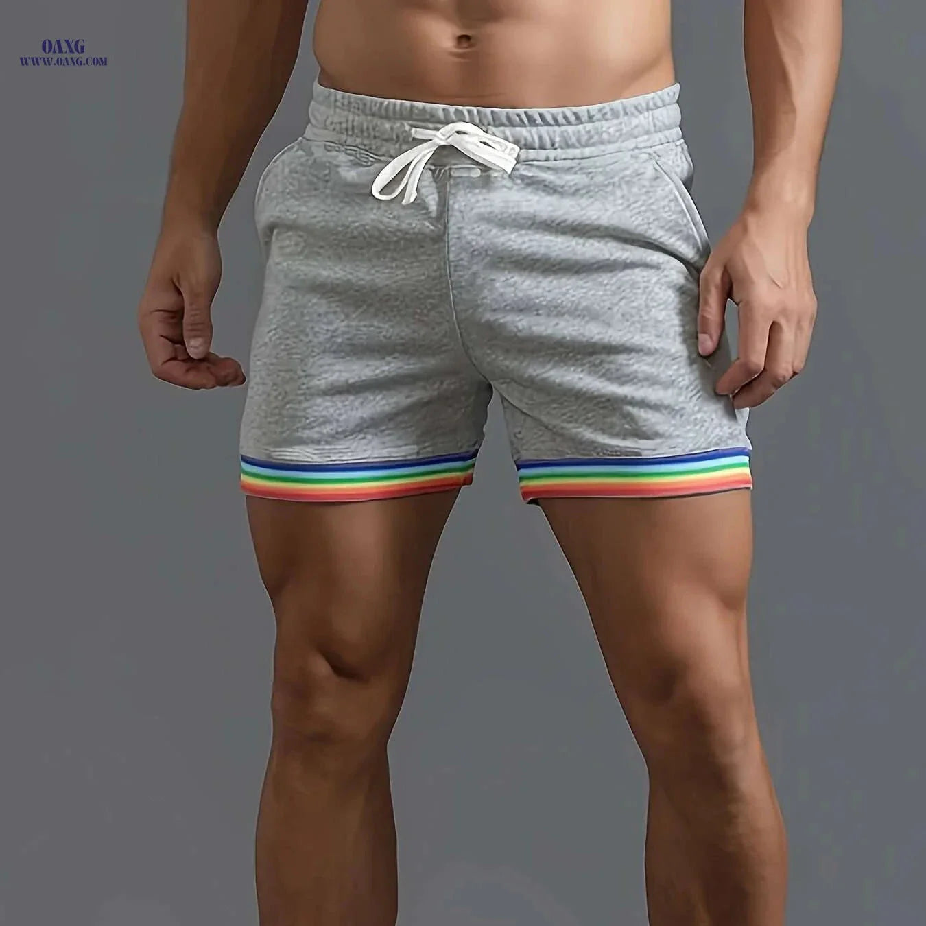 Men's Casual Athletic Shorts - Slim Fit Beige with Rainbow Stripes