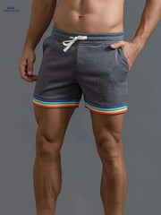 Men's Casual Athletic Shorts - Slim Fit Beige with Rainbow Stripes