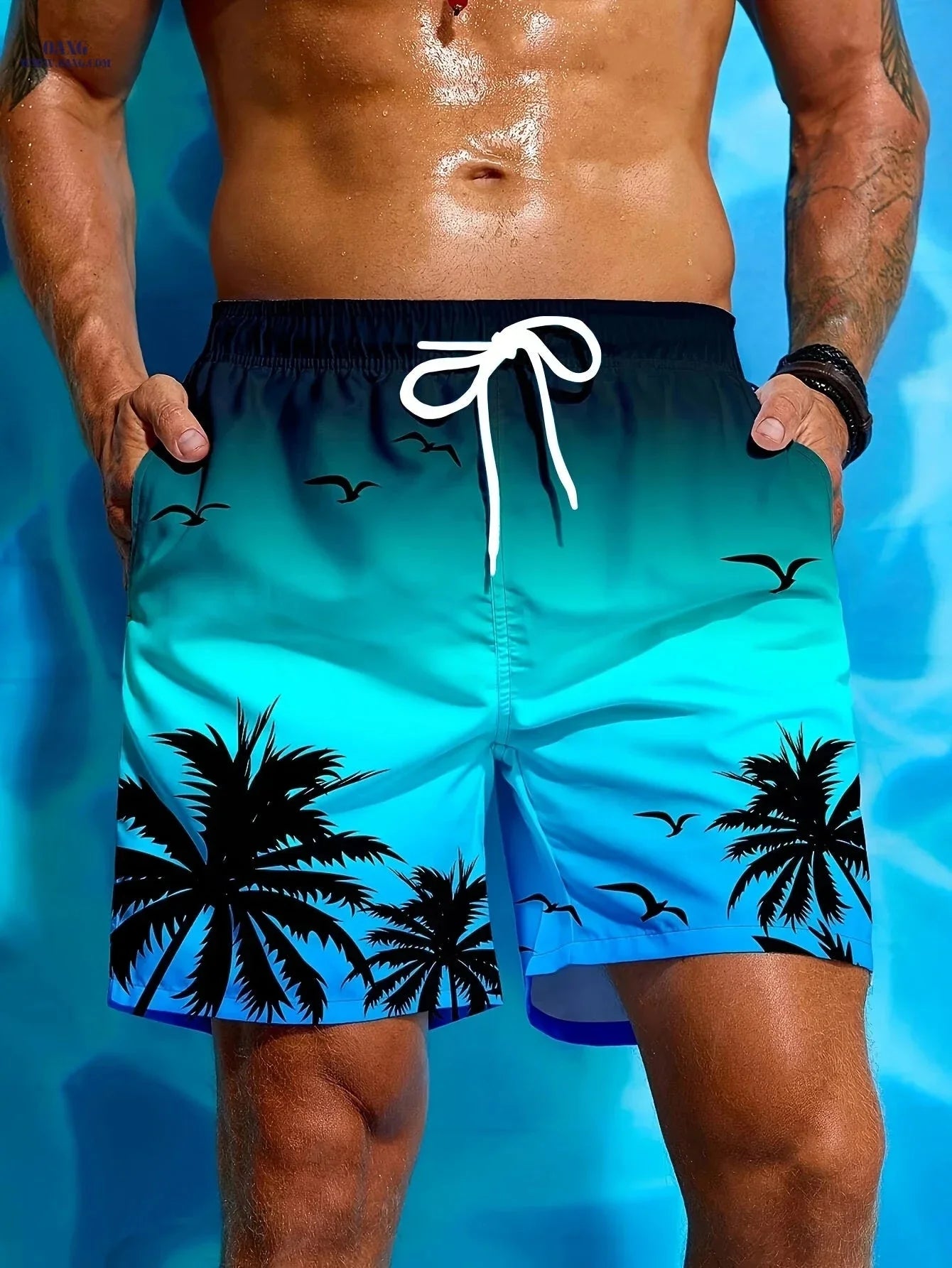 Men's Casual Beach Shorts - Geometric Pattern, Lightweight Polyester