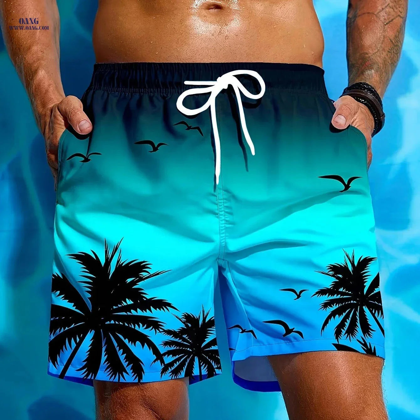 Men's Casual Beach Shorts - Geometric Pattern, Lightweight Polyester