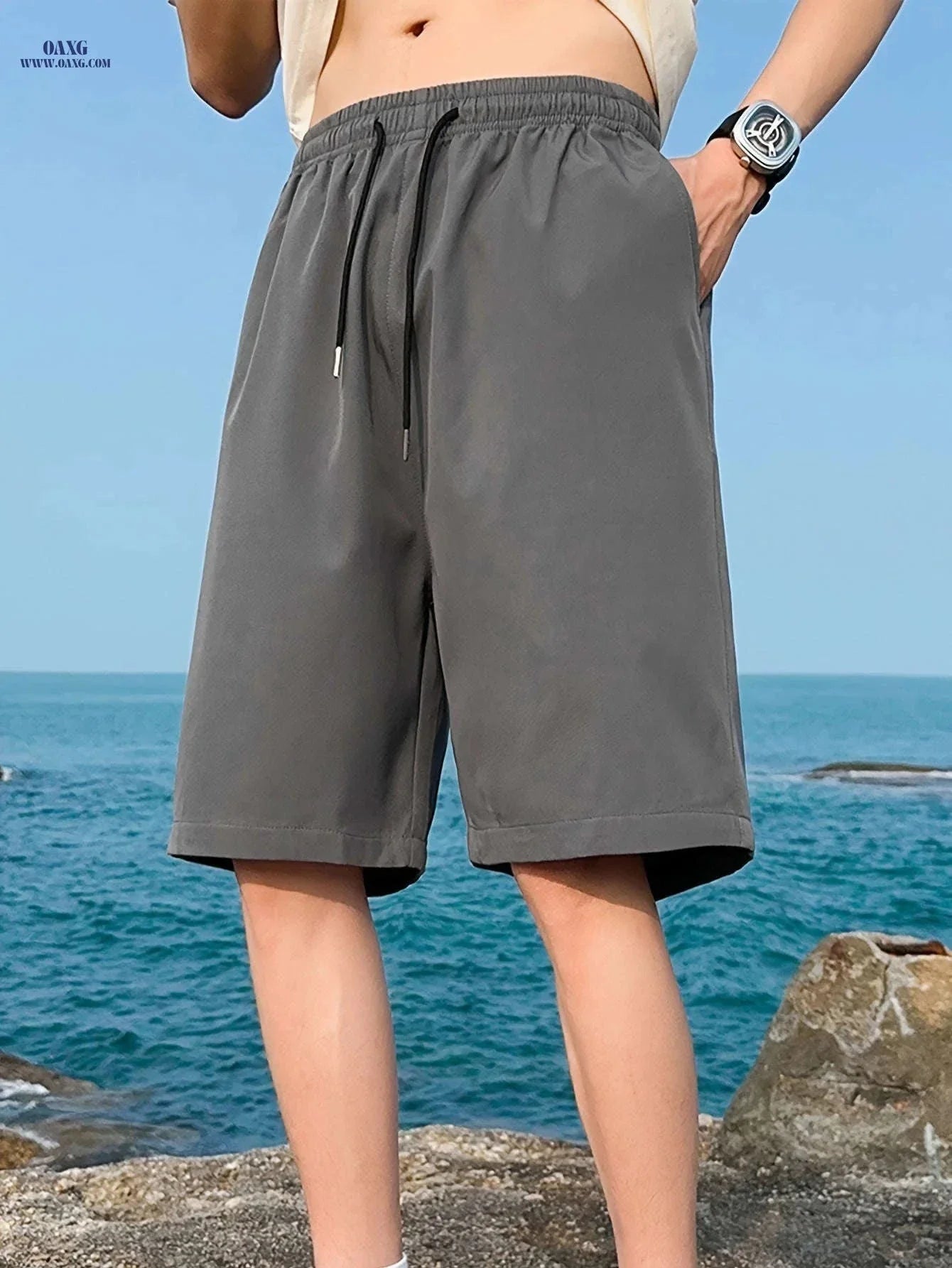 Men's Casual Elastic Waist Shorts with Pockets - Solid Color