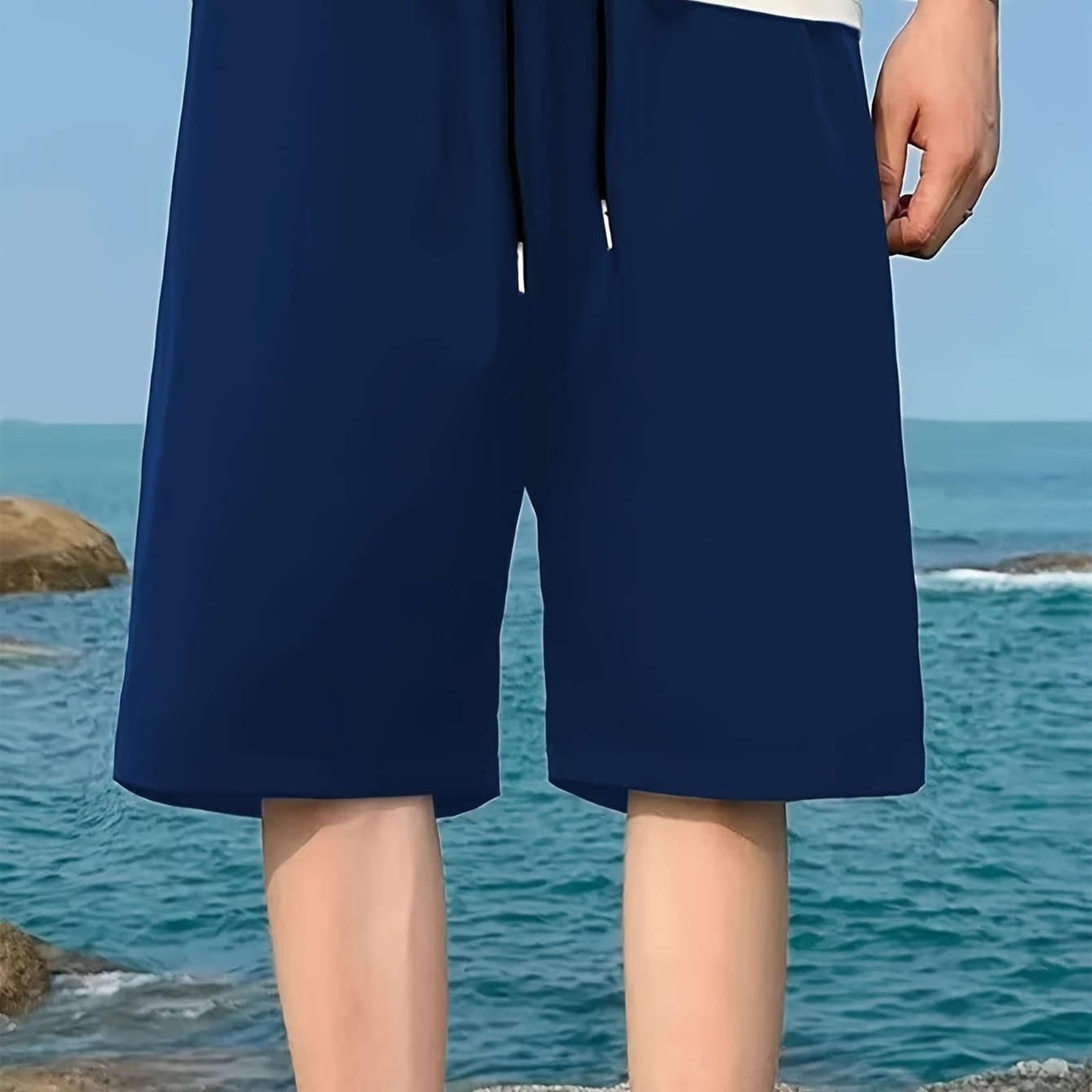 Men's Casual Elastic Waist Shorts with Pockets - Solid Color