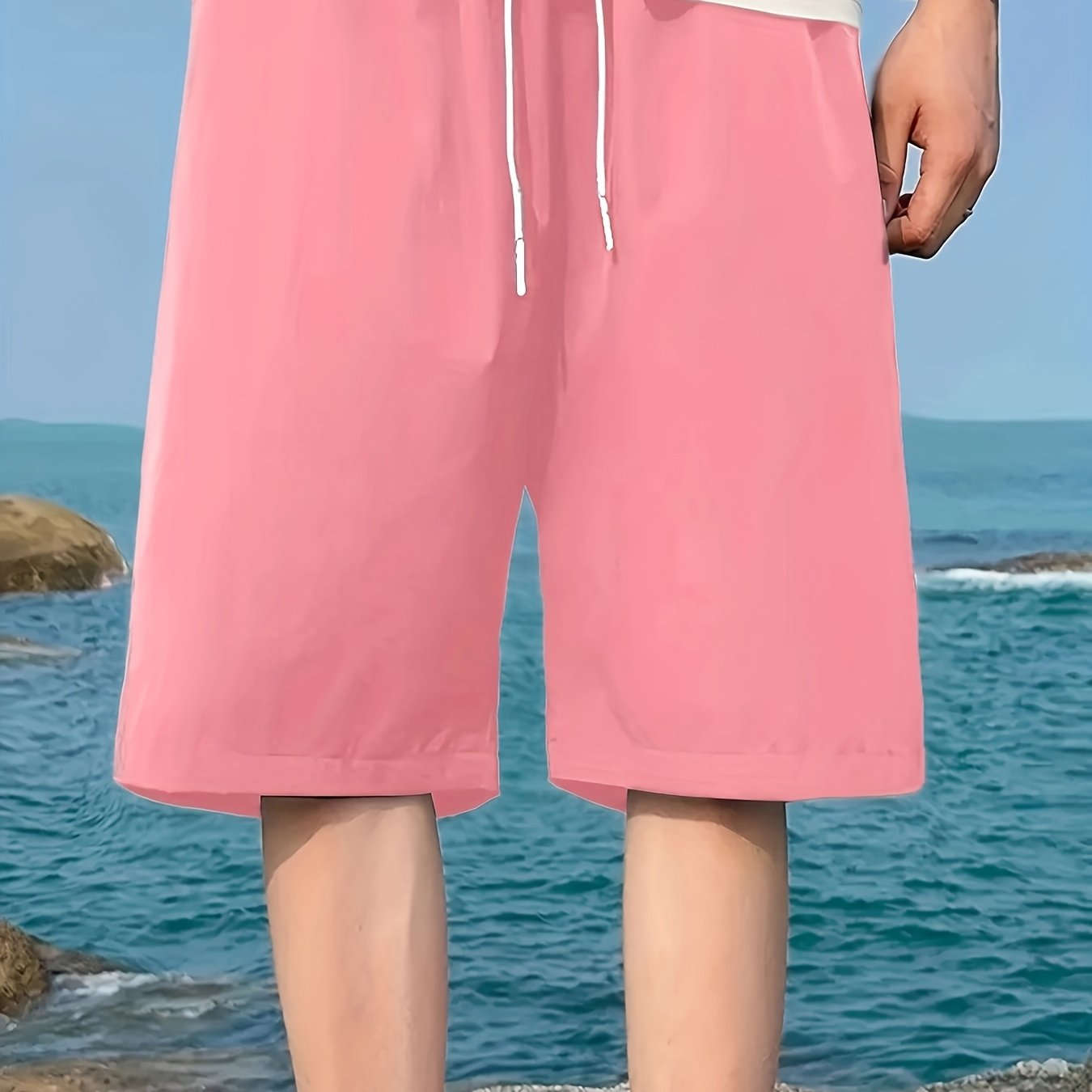 Men's Casual Elastic Waist Shorts with Pockets - Solid Color