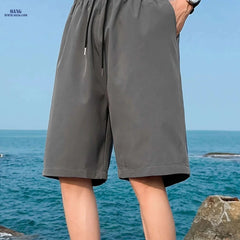 Men's Casual Elastic Waist Shorts with Pockets - Solid Color