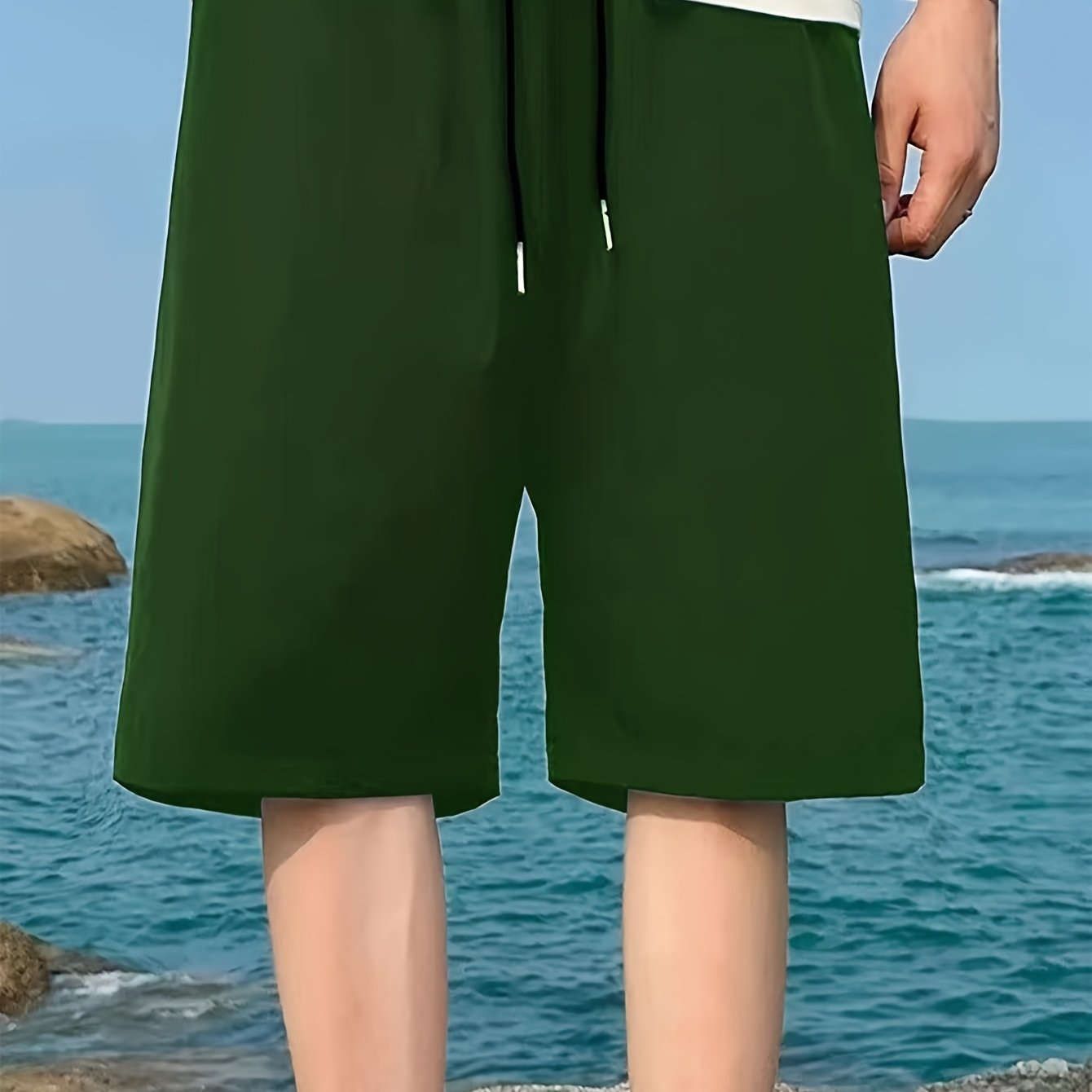 Men's Casual Elastic Waist Shorts with Pockets - Solid Color