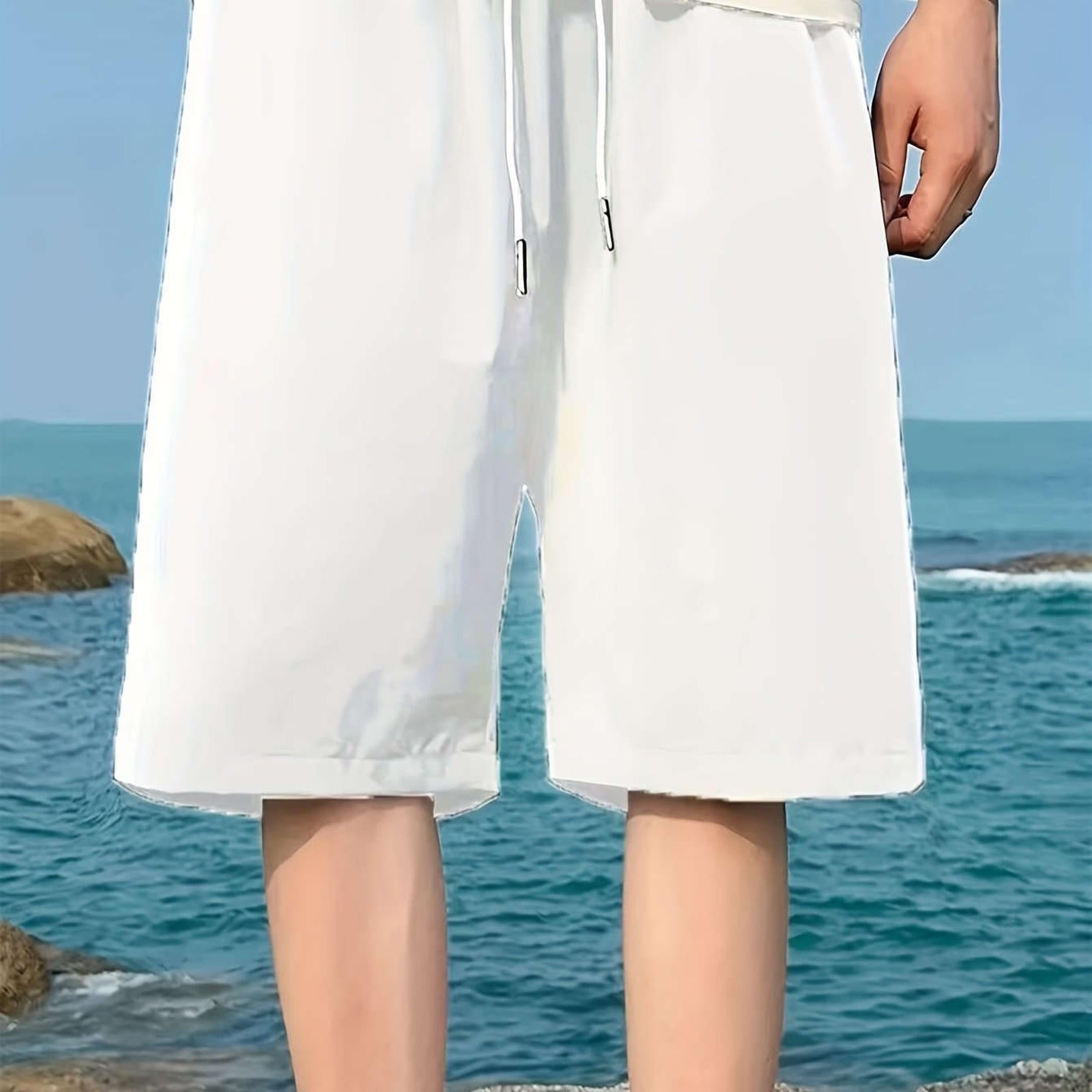 Men's Casual Elastic Waist Shorts with Pockets - Solid Color