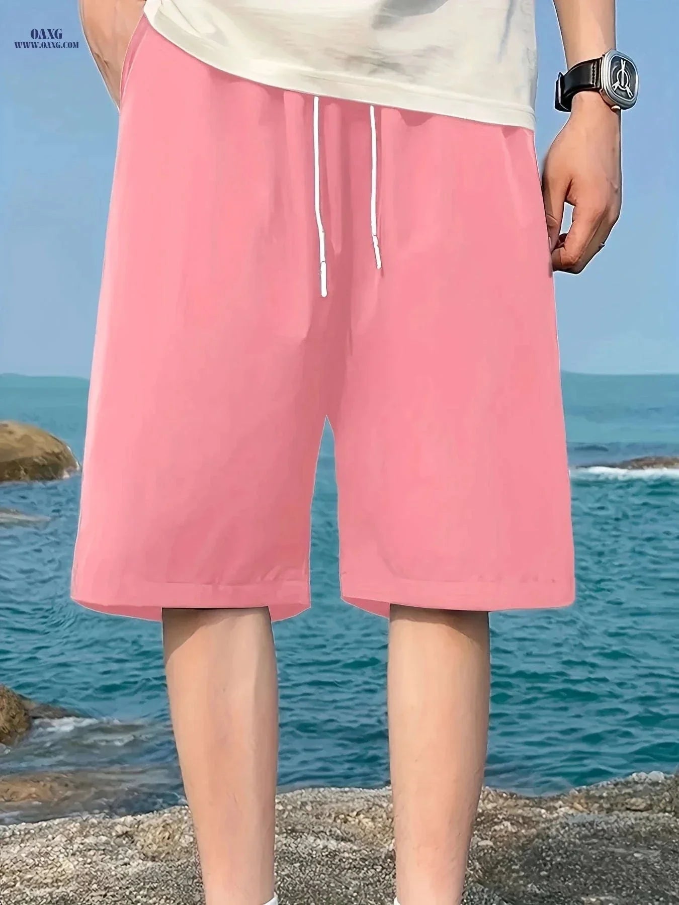 Men's Casual Elastic Waist Shorts with Pockets - Solid Color