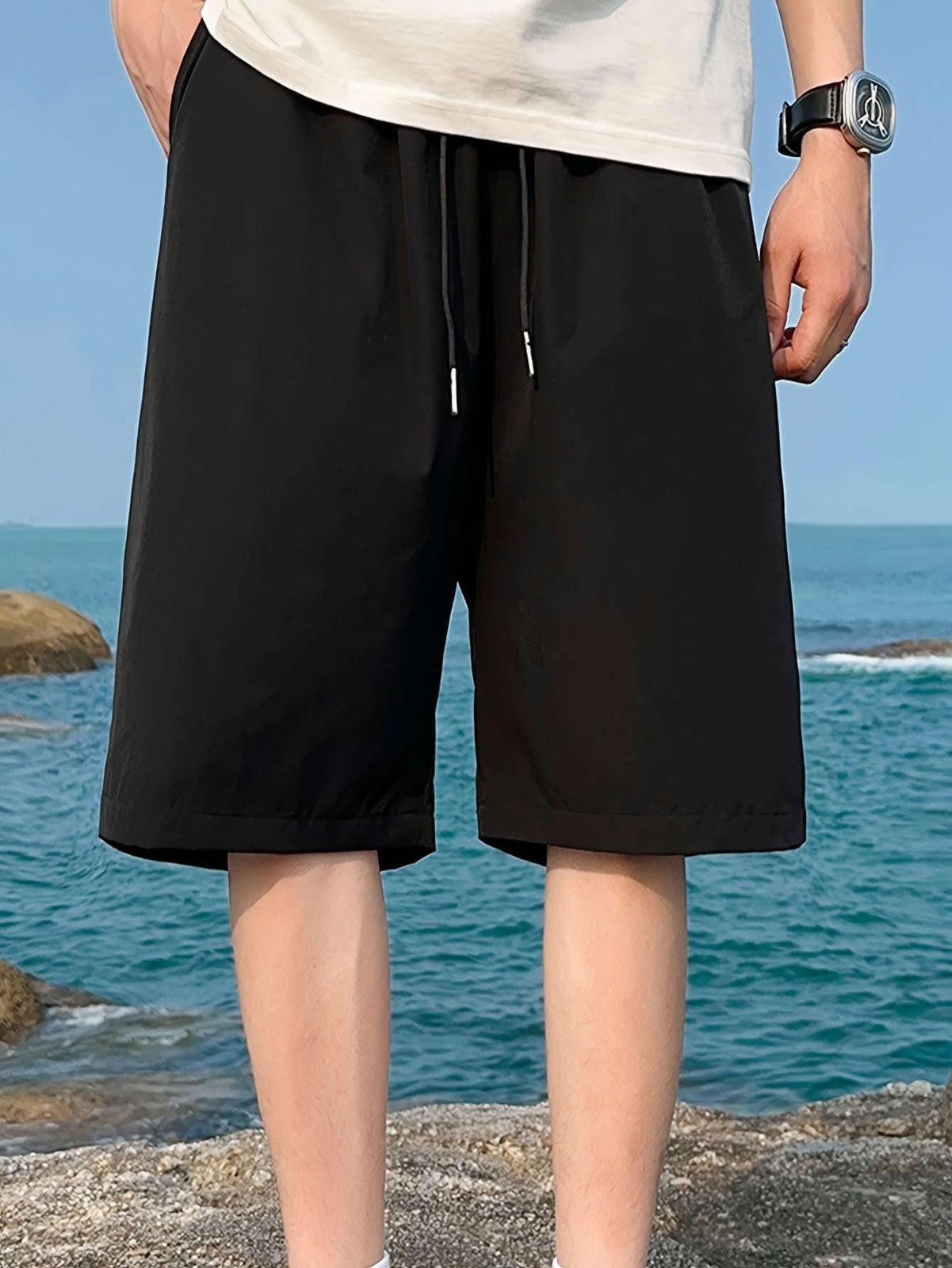 Men's Casual Elastic Waist Shorts with Pockets - Solid Color