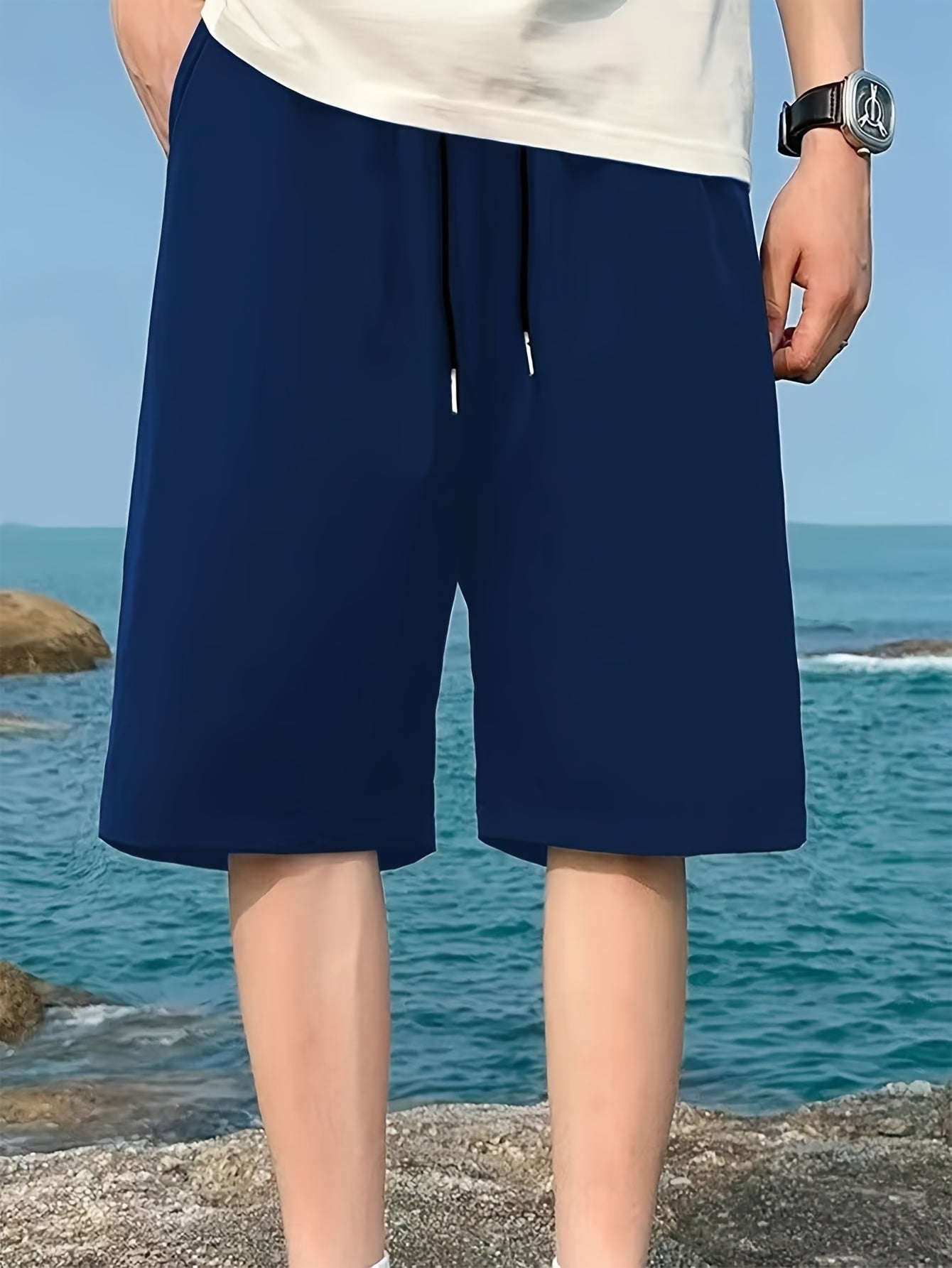 Men's Casual Elastic Waist Shorts with Pockets - Solid Color