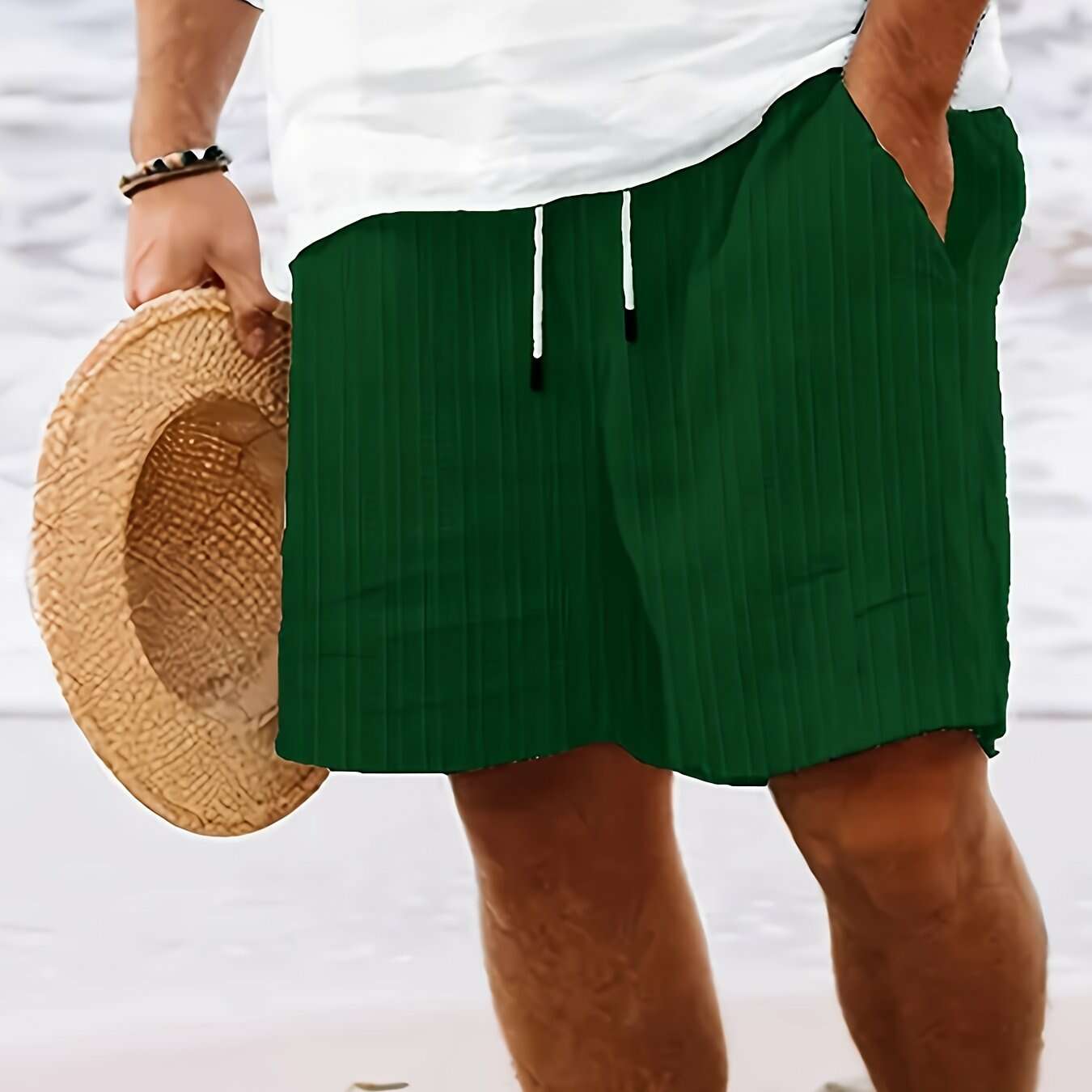 Men's Casual Striped Shorts - Non-Stretch Fabric, Pocket Detail