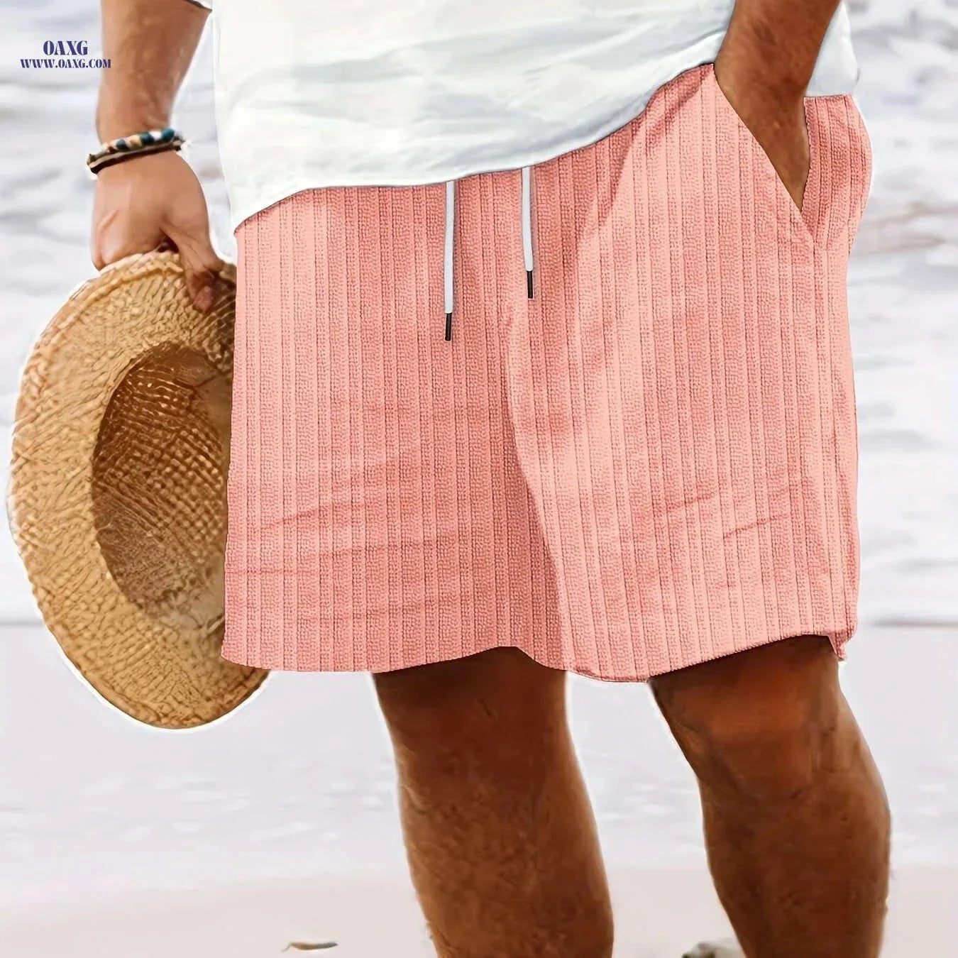 Men's Casual Striped Shorts - Non-Stretch Fabric, Pocket Detail