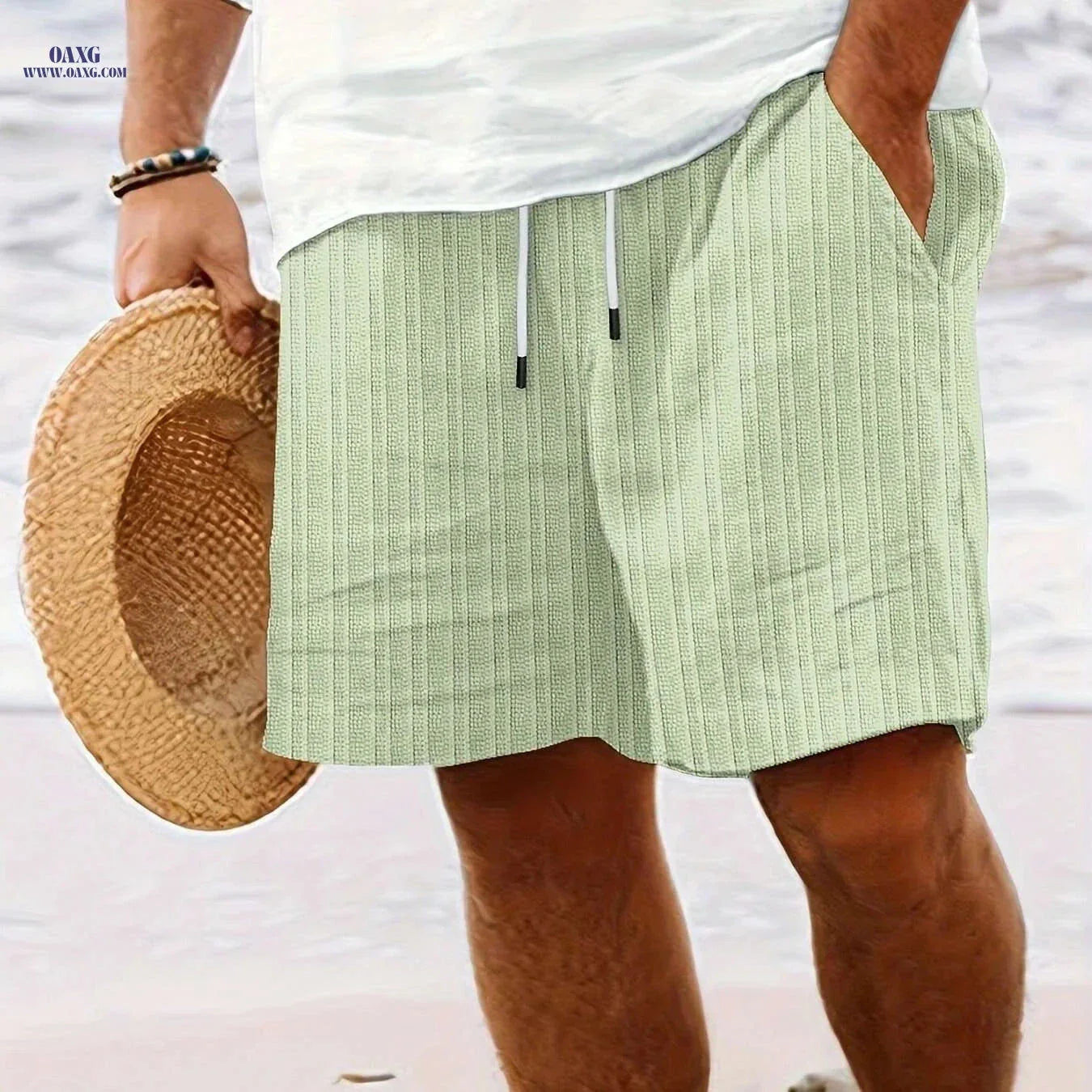 Men's Casual Striped Shorts - Non-Stretch Fabric, Pocket Detail