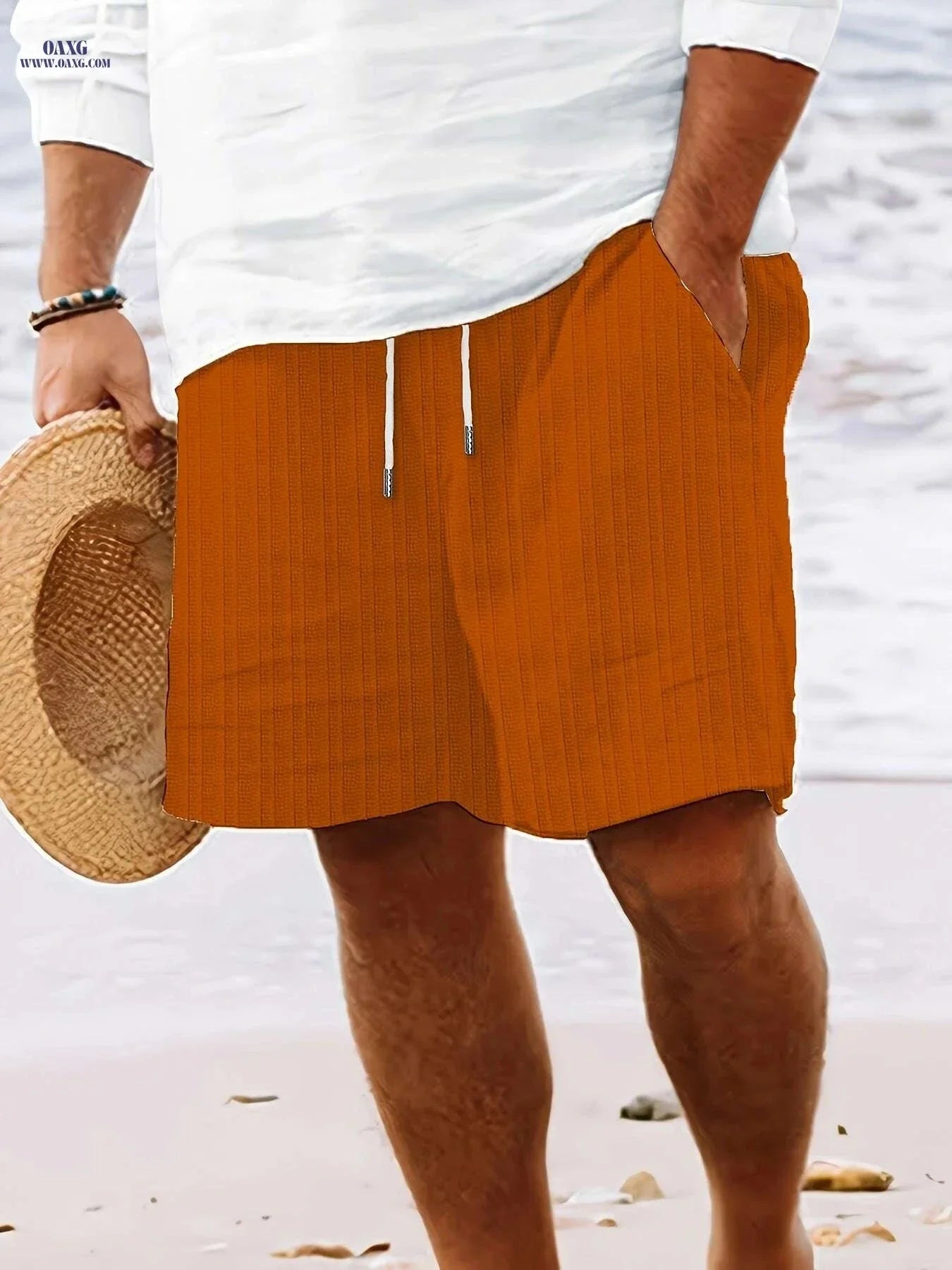 Men's Casual Striped Shorts - Non-Stretch Fabric, Pocket Detail