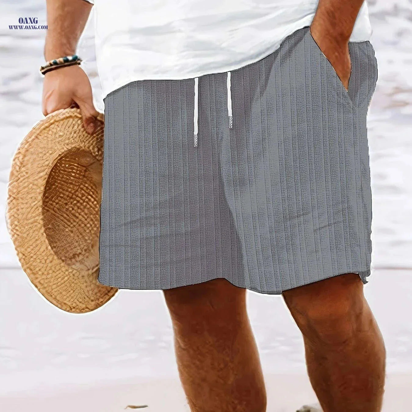Men's Casual Striped Shorts - Non-Stretch Fabric, Pocket Detail