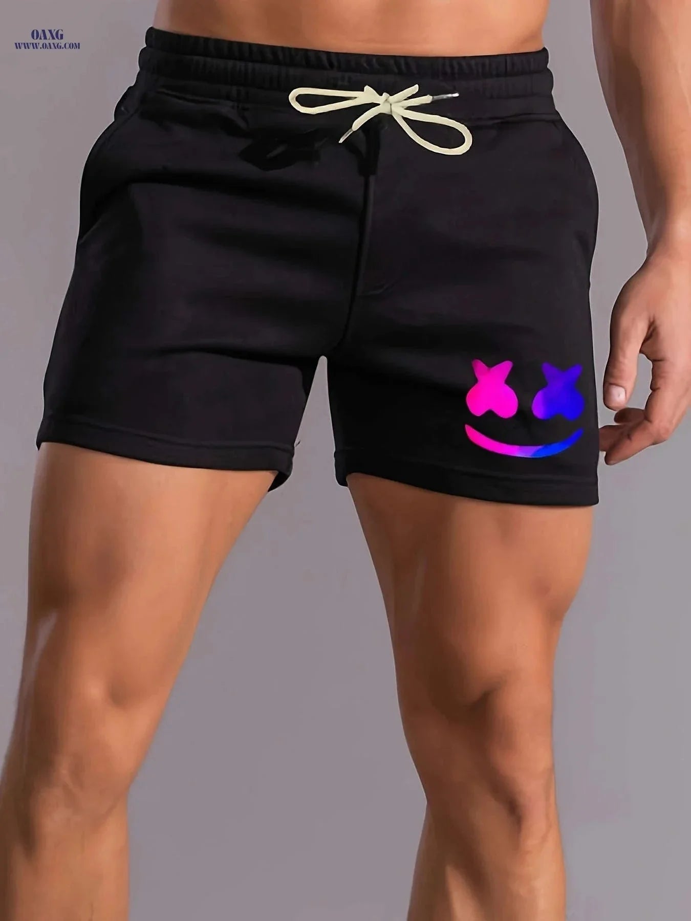 Men's Comfy Smiling Face Pattern Shorts - Drawstring, Slight Stretch