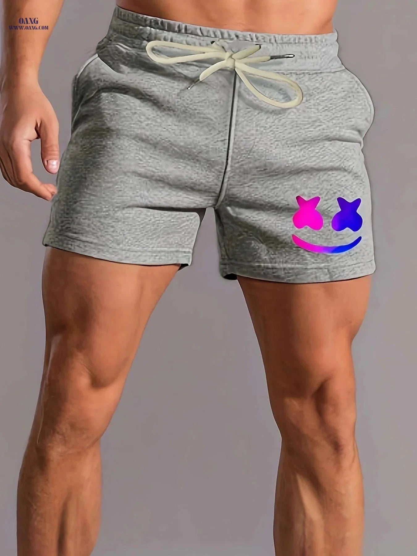 Men's Comfy Smiling Face Pattern Shorts - Drawstring, Slight Stretch