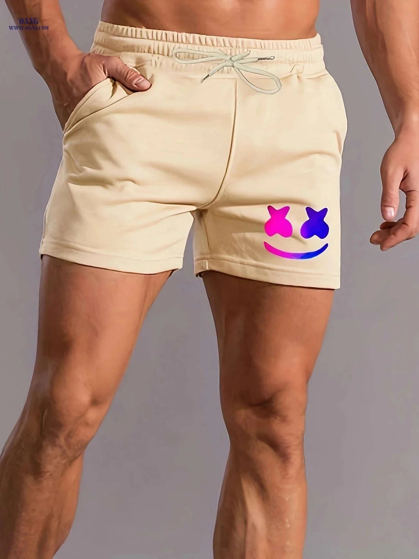 Men's Comfy Smiling Face Pattern Shorts - Drawstring, Slight Stretch