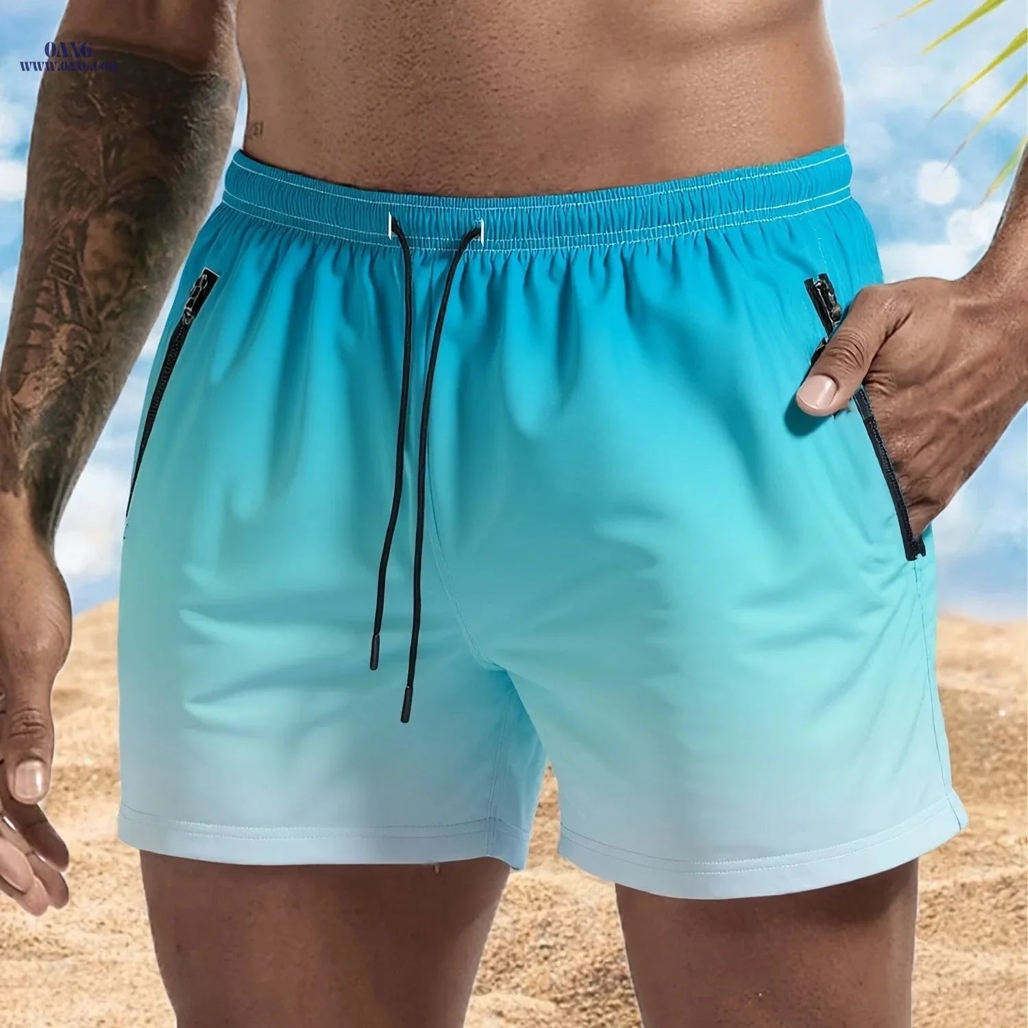 Men's Maroon Quick-Dry Swim Trunks - Casual Beach Shorts with Pockets
