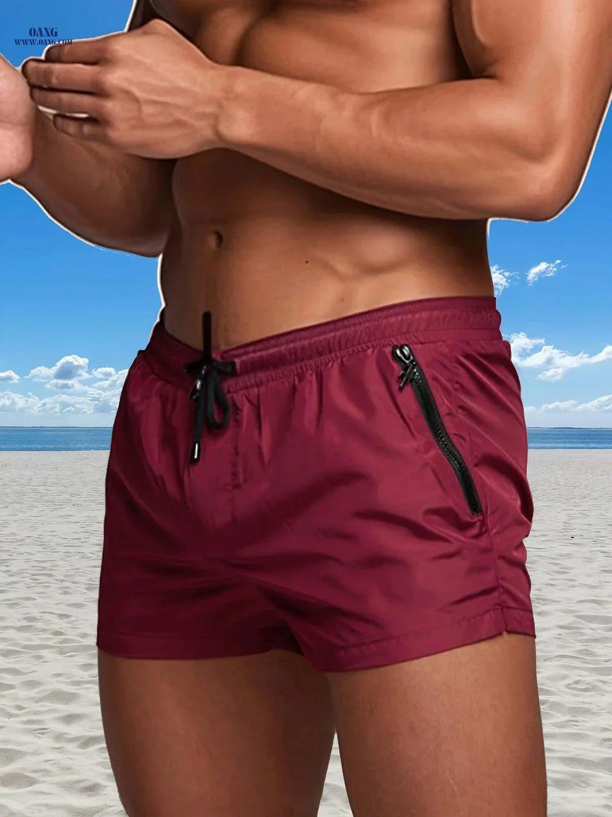 Men's Maroon Quick-Dry Swim Trunks - Casual Beach Shorts with Pockets