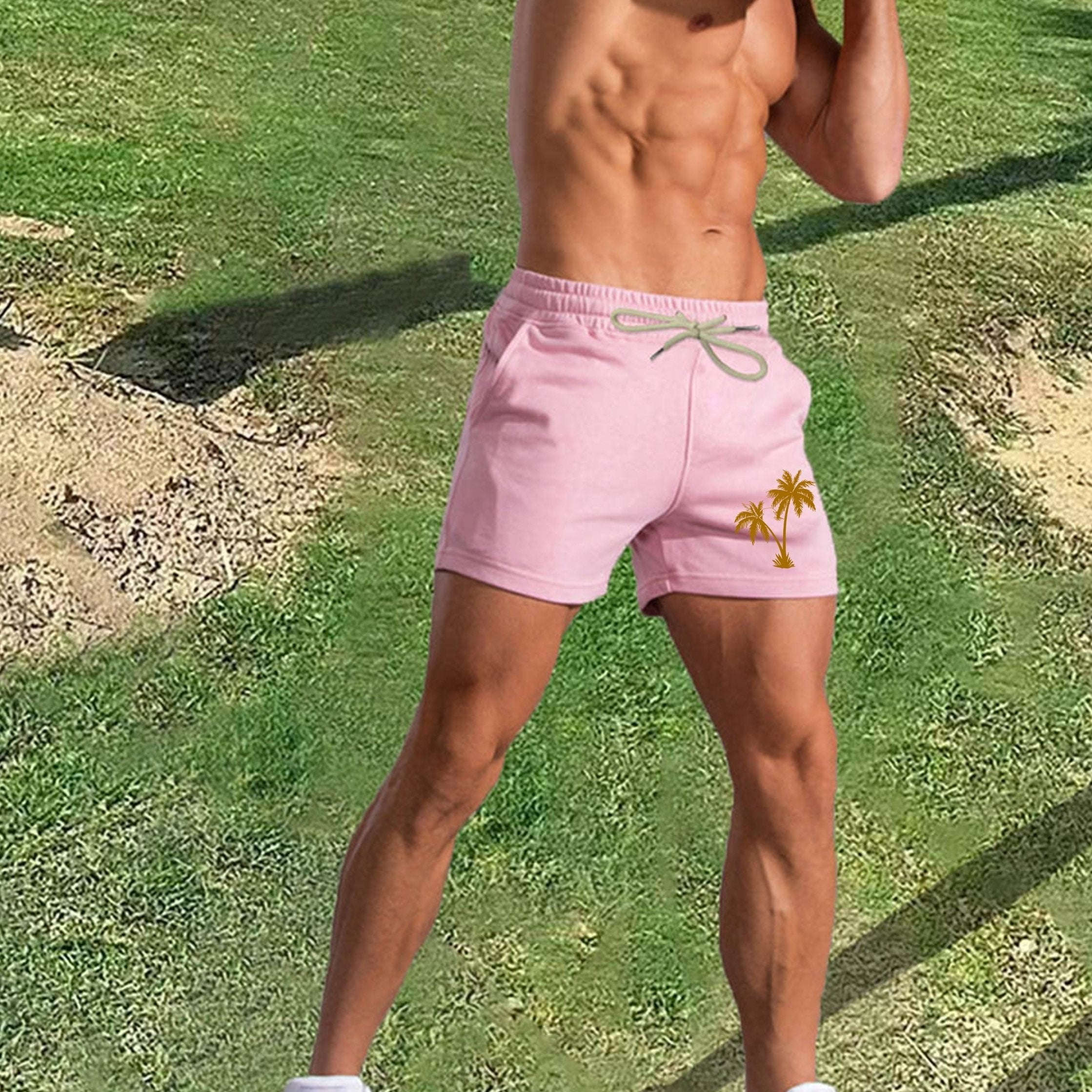 Men's Pink Palm Tree Print Shorts - Casual Summer Style with Pockets
