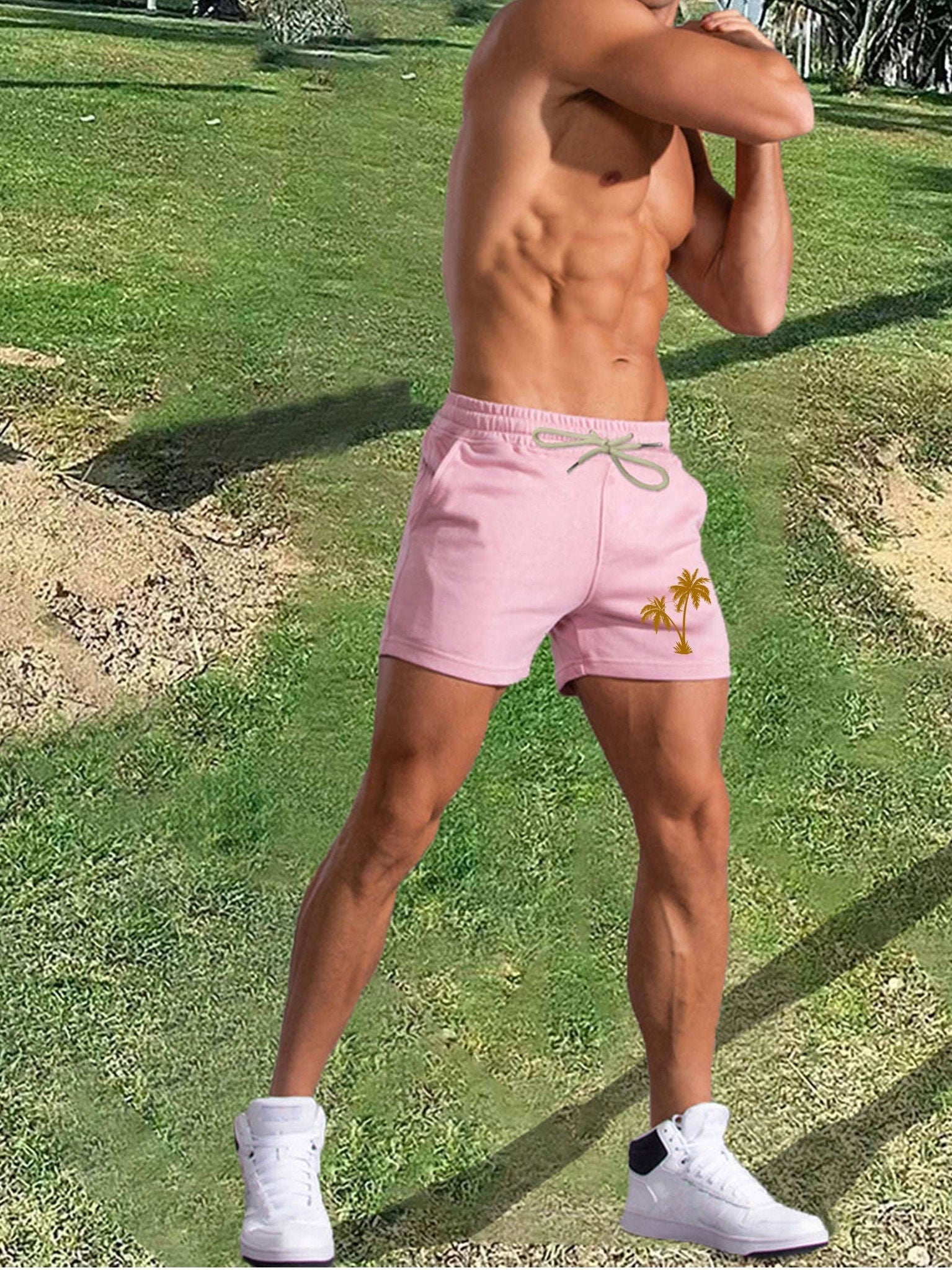 Men's Pink Palm Tree Print Shorts - Casual Summer Style with Pockets