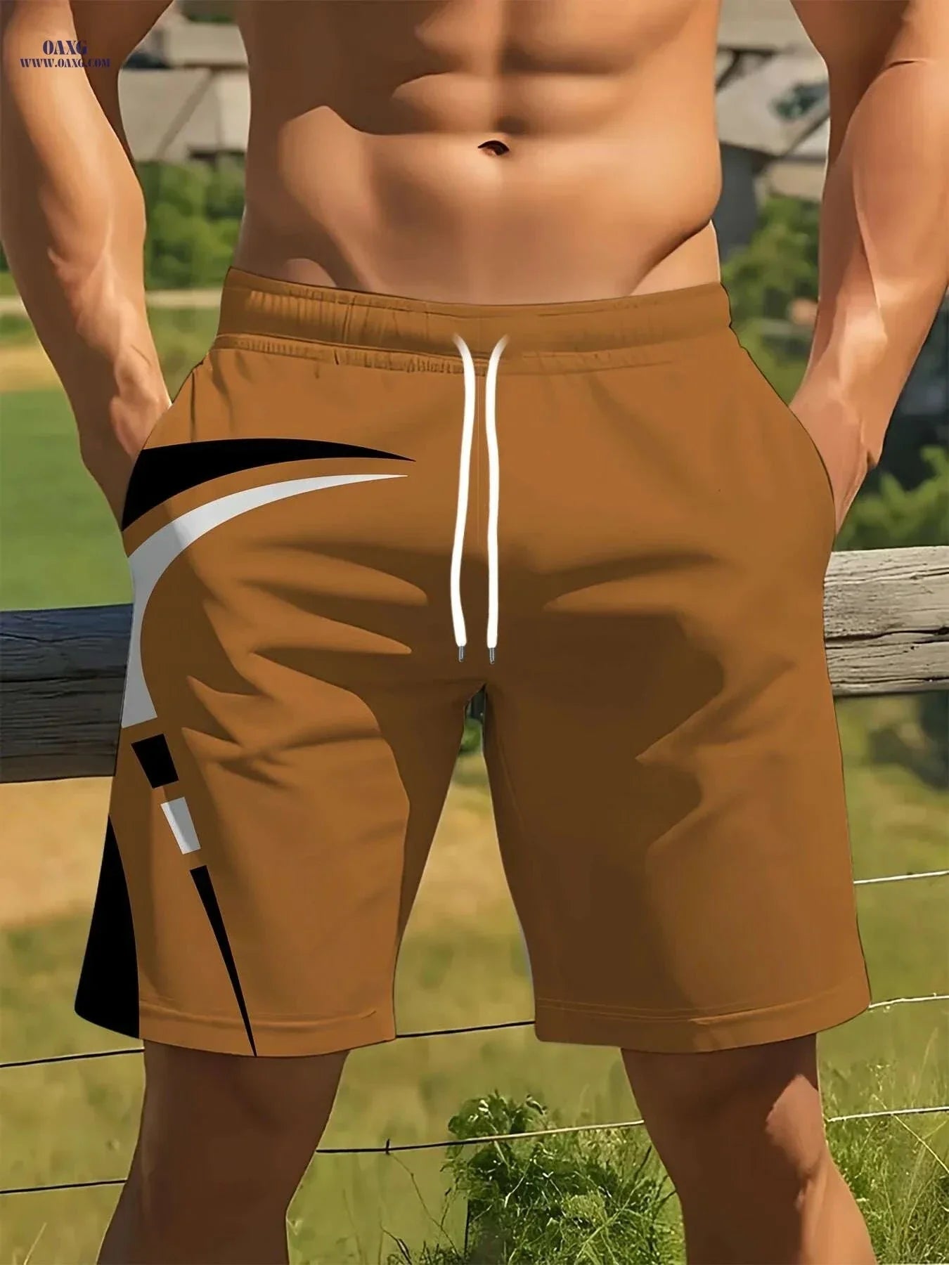 Men's Quick-Dry Summer Shorts - Beige & Black Geometric Print