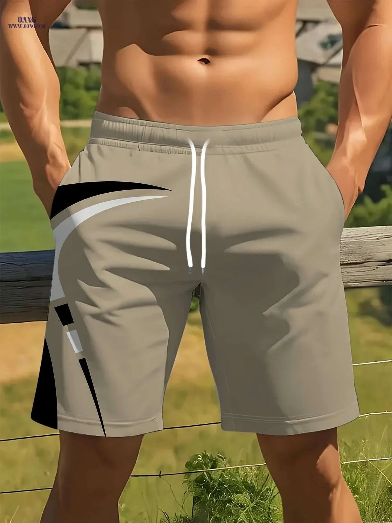 Men's Quick-Dry Summer Shorts - Beige & Black Geometric Print