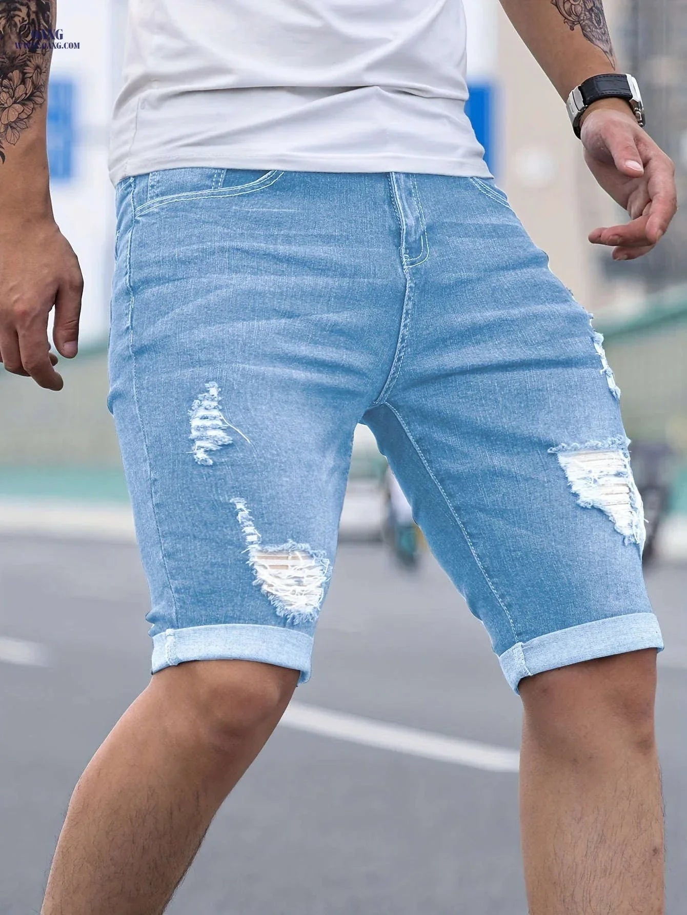 Men's Skinny Denim Shorts - Casual Solid Color with Pocket