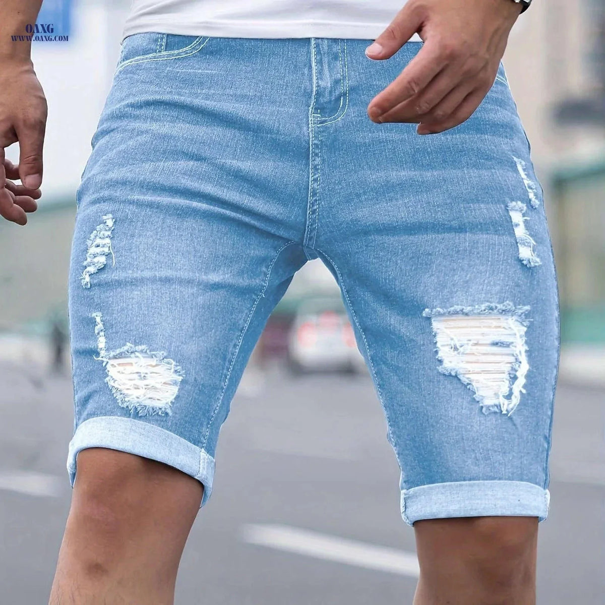 Men's Skinny Denim Shorts - Casual Solid Color with Pocket