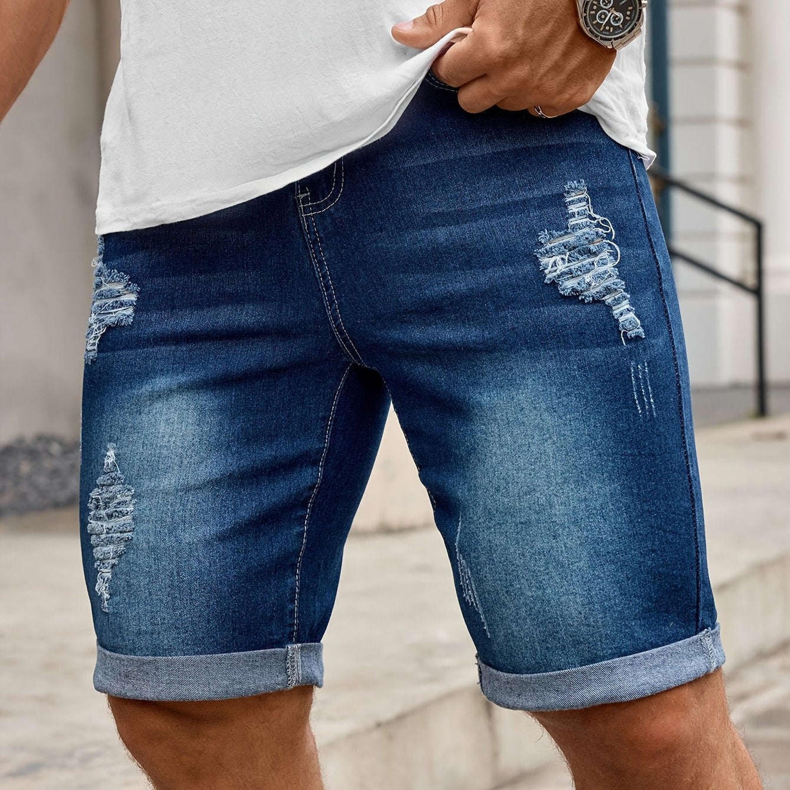 Men's Slim Fit Denim Shorts - Casual Knee High Cotton Blend