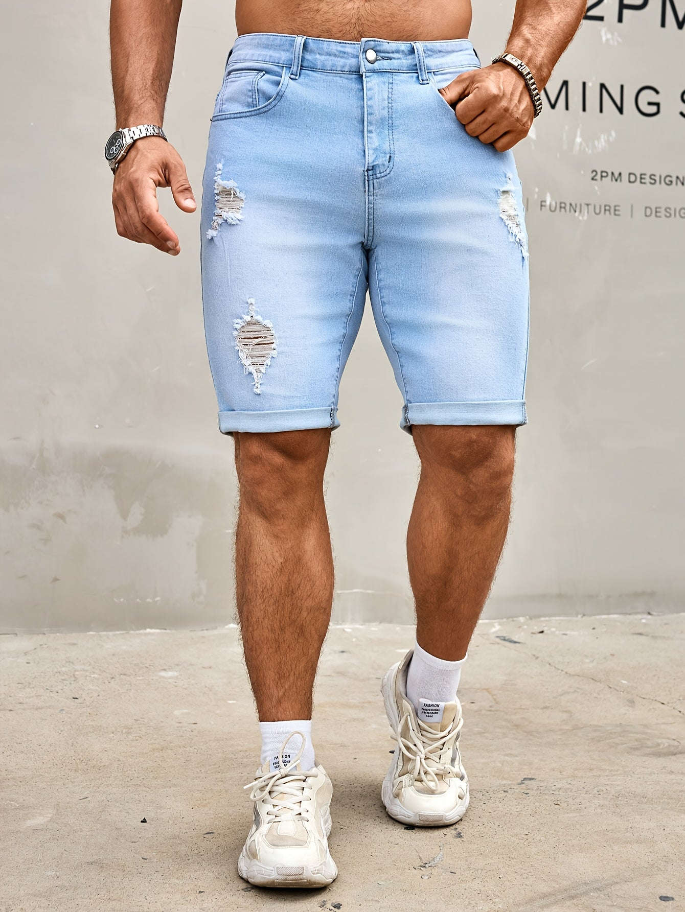 Men's Slim Fit Denim Shorts - Casual Knee High Cotton Blend