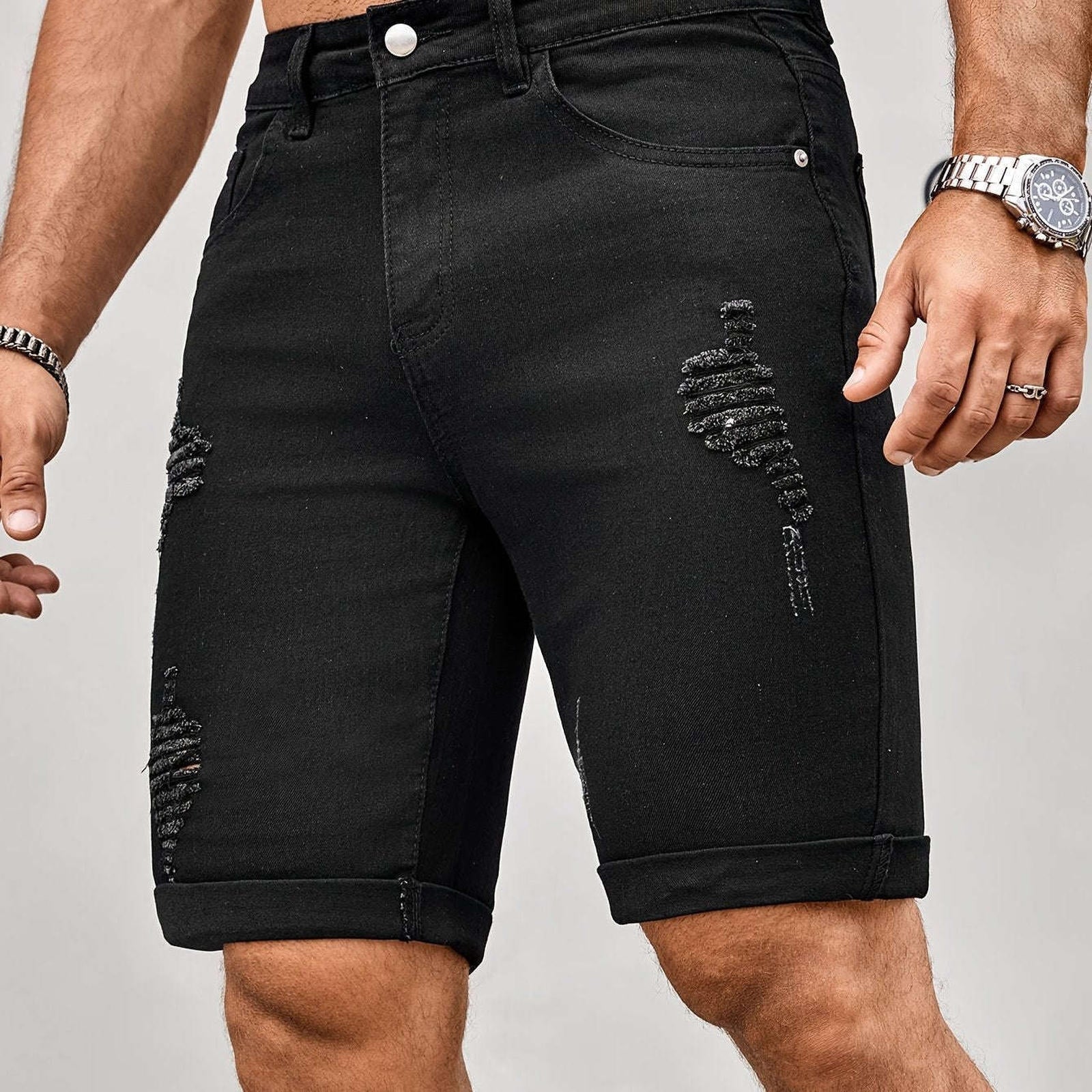 Men's Slim Fit Denim Shorts - Casual Knee High Cotton Blend