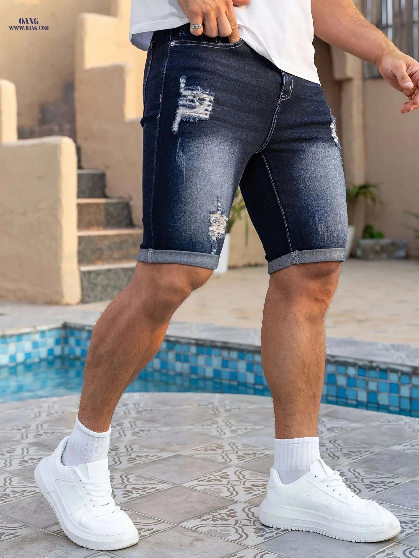 Men's Slim Fit Denim Shorts - Casual Knee High Cotton Blend
